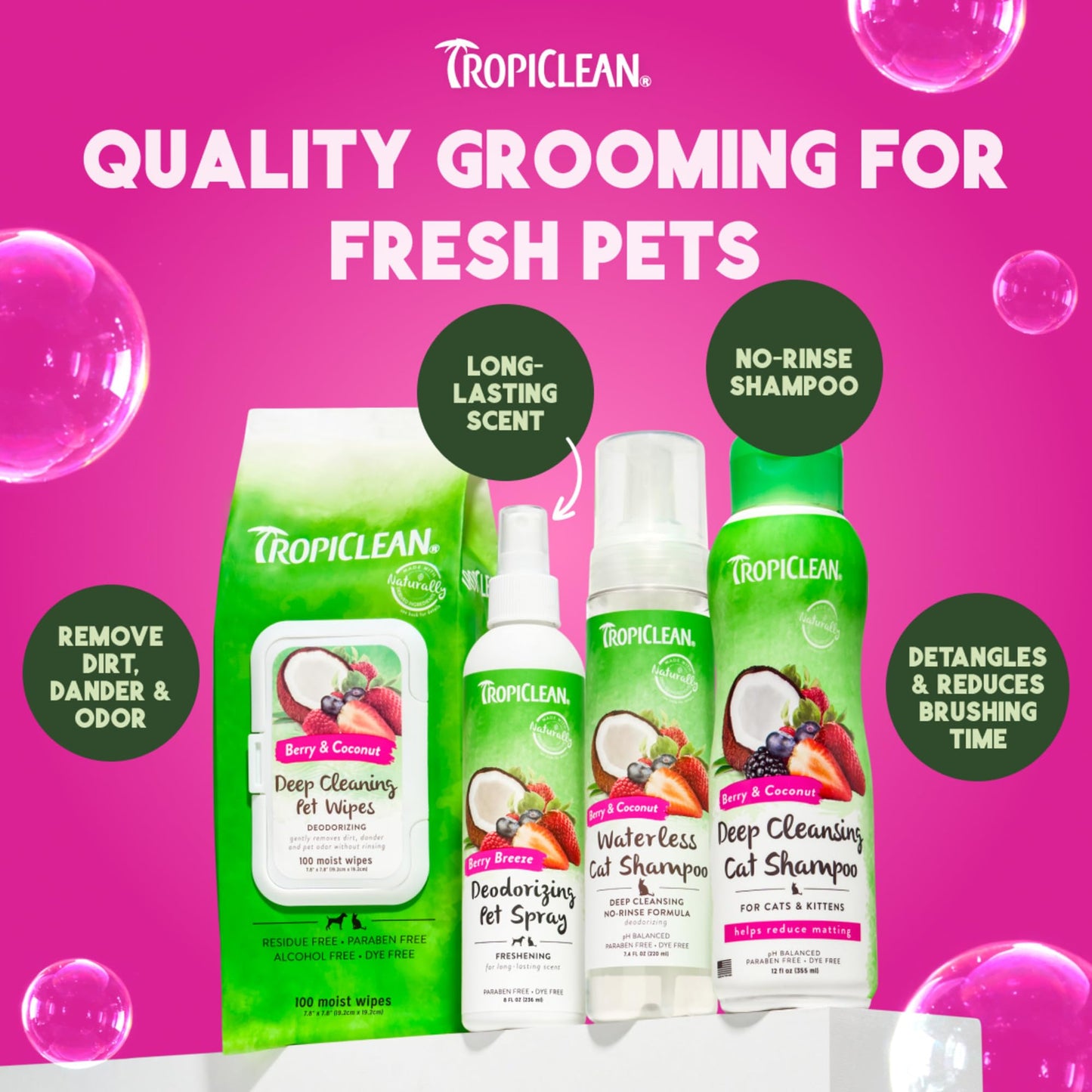 TropiClean Deodorizing Dog Shampoo for Smelly Pets, Long Lasting Odor Control, Puppy Safe, Made in the USA, Berry Scent, Cat Friendly, 12oz.