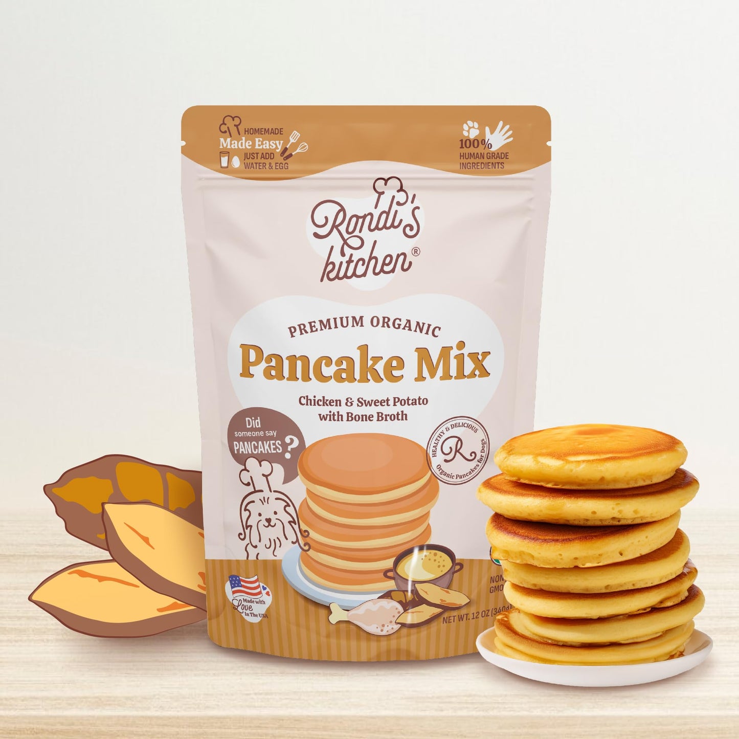 Rondi's Kitchen Pancake Mix for Dogs - Premium All-Natural & Organic Dog Treats, Healthy Dog Snacks for All Ages & Sizes, Made with Human-Grade Ingredients - Chicken & Sweet Potato
