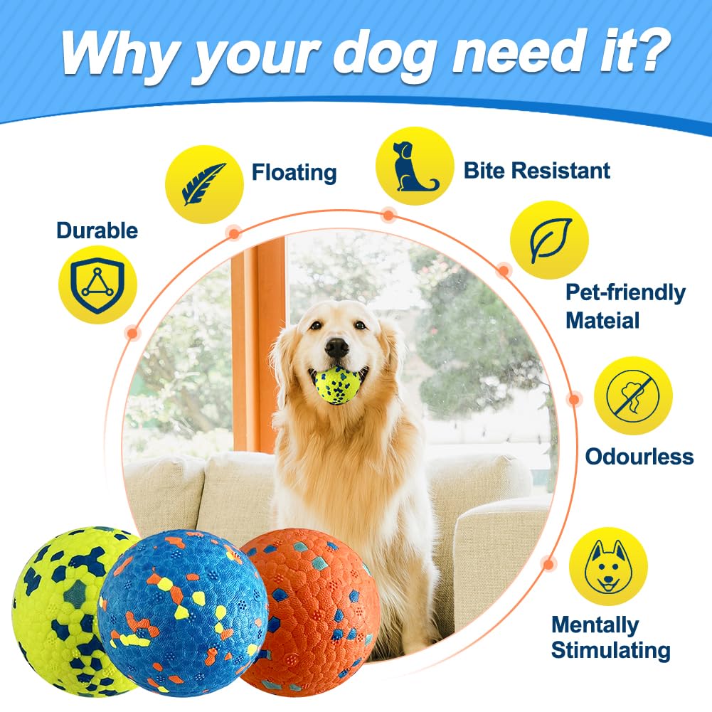 Mankoda Dog Balls, Dog Tennis Balls for Aggressive Chewers, 3'' Durable Teething Chew Toys & Floating Water Toy, Interactive Fetch Ball for Medium/Large Dogs (3 Pack)