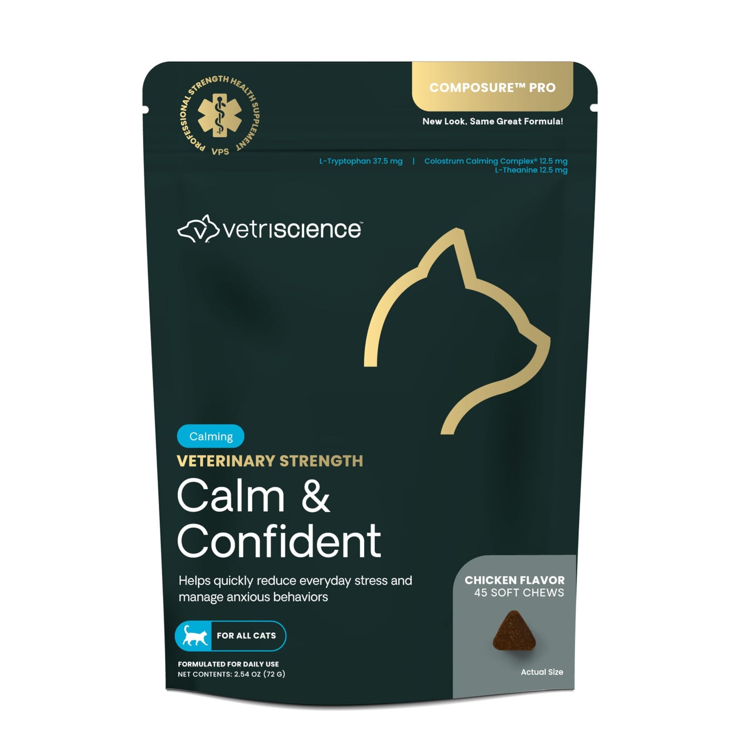 VetriScience Veterinary Strength Calm & Confident Chews - Stress Supplement for Cats - Supports Brain Function for Cats - with L-Theanine, Thiamine & More - 45 Count