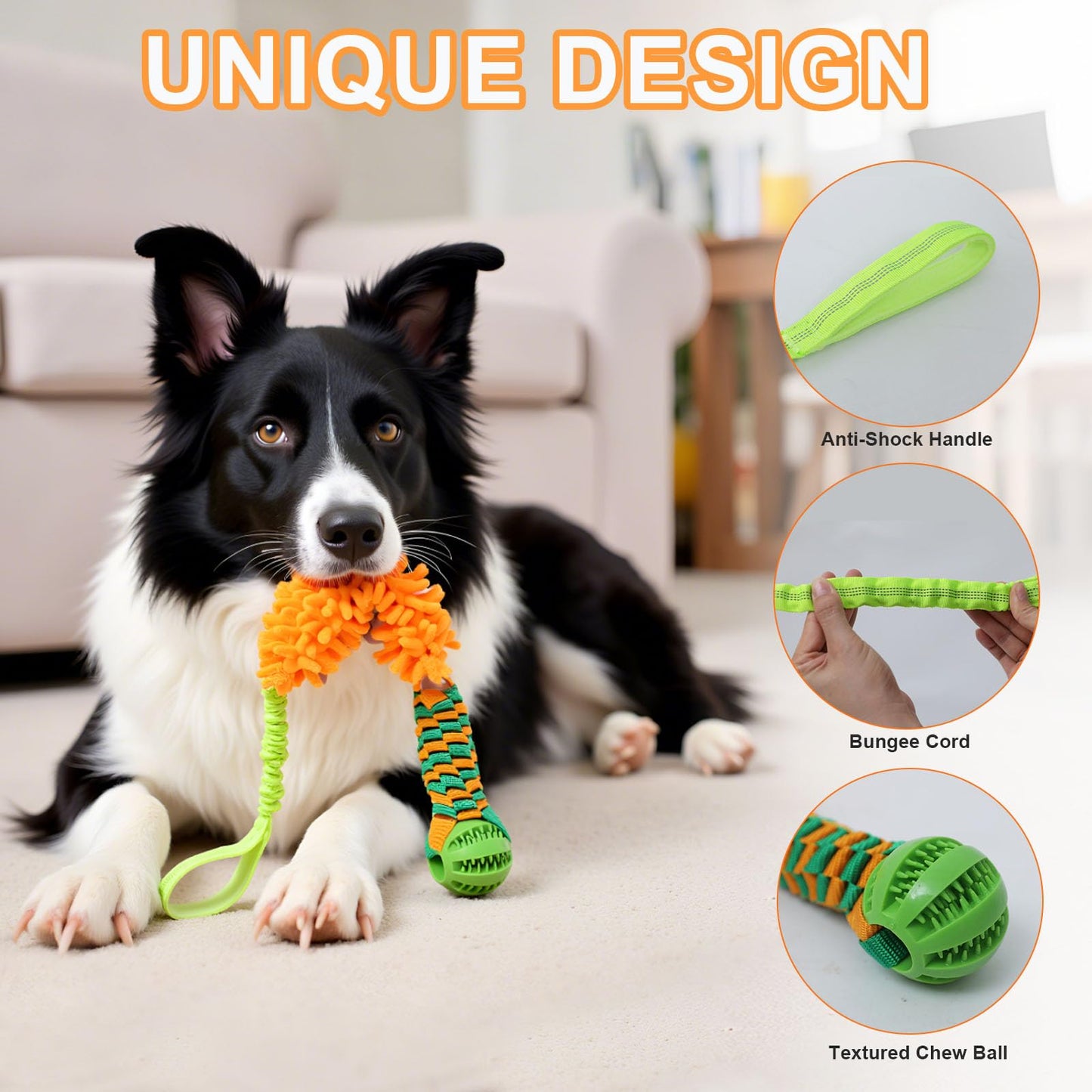 kmirepa Dog Tug Toy - Interactive Dog Tug of War Toy for Aggressive Chewers, Stretchy Bungee Handle, Strong Squeak Rope Toy for Large Dogs, Puppies, Middle Dogs(Orange)