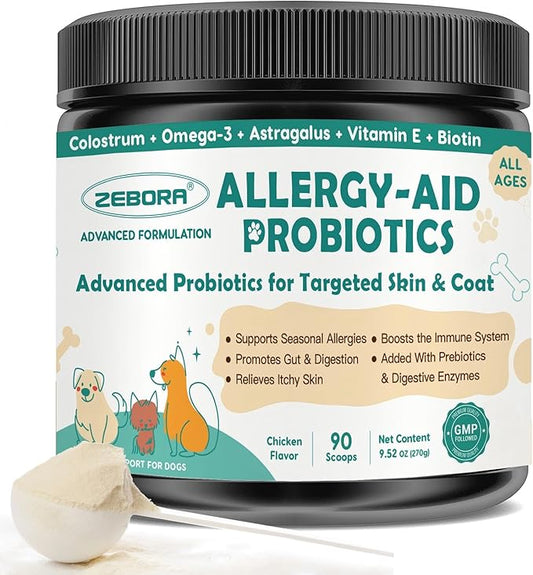 ZEBORA Dog Allergy Relief - Dog Itching Skin Relief, Advanced Skin Probiotics for Dogs, Colostrum, Support Itchy Ears, Seasonal Allergies, Immune, Digestive Health, Alternative for Dog Allergy Chews
