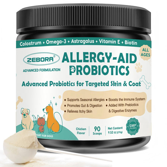 ZEBORA Probiotics for Dogs, with Colostrum, Omega-3, Dog Allergy Relief & Itching Skin Relief, Support Itchy Ears, Seasonal Allergies, Digestive, Immune Health, 90 Scoops, Chicken Flavor