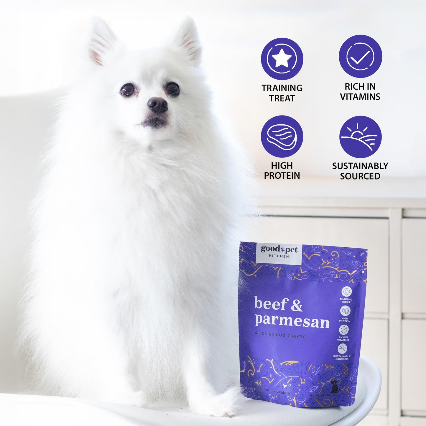 Good Pet Kitchen Pet Treats, Air-Dried, Natural, Limited Ingredient Dog Treat, Free Range, Grain Free Dog Treats, Toppers, Snacks, Beef & Parmesan 2.8 oz