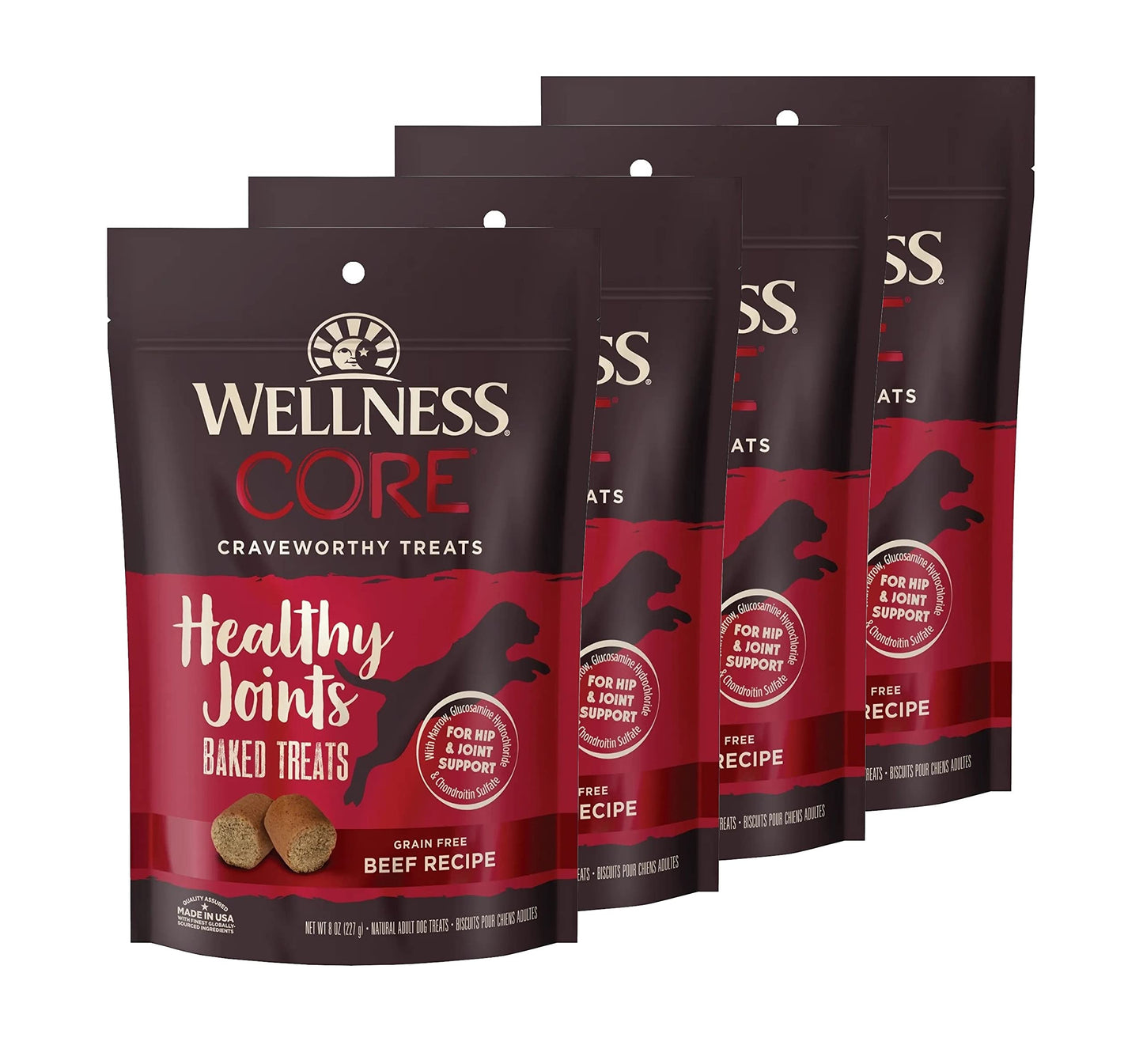 Wellness Core ( 4 Pack) Healthy Joints Grain Free Beef Recipe Dog Treats, 8-Ounce Bag Each