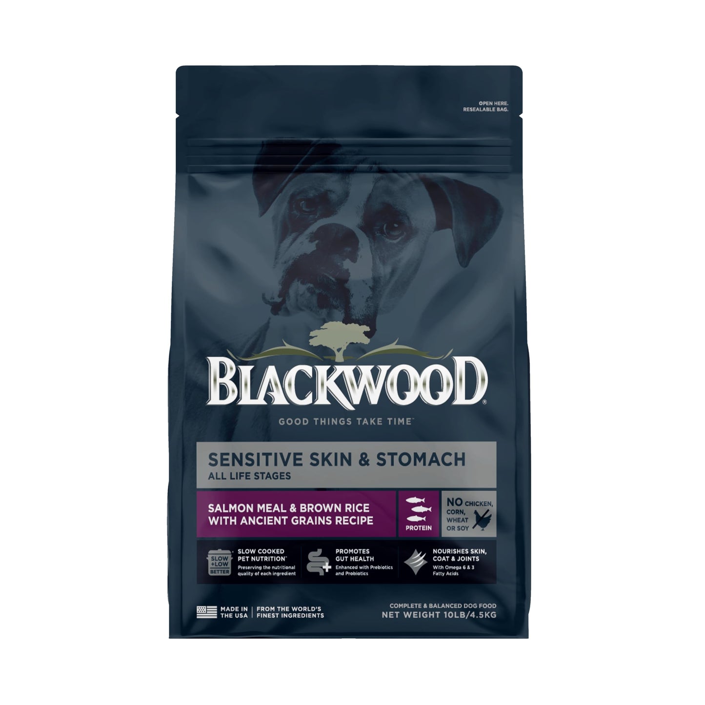 Blackwood Sensitive Skin & Stomach Dry Dog Food, Salmon Meal & Brown Rice with Ancient Grains, 10 Pound Bag with Prebiotics & Probiotics to Promote Gut Health