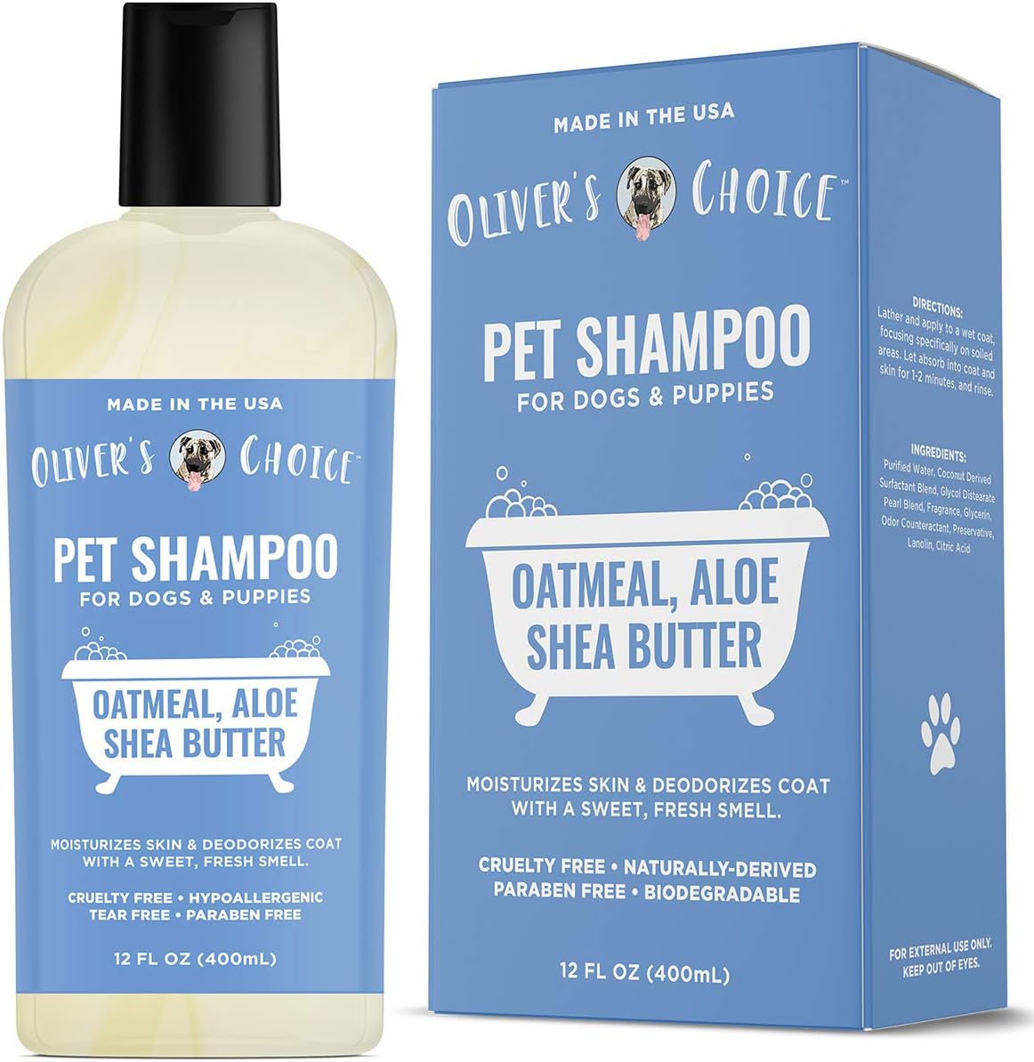 OLIVER'S CHOICE Dog Shampoo with Oatmeal, Aloe & Shea Butter – Deodorizing Puppy Shampoo for Smelly Dogs, Itchy Skin Relief, Paraben-Free, Biodegradable, Cruelty Free – 12 fl. oz