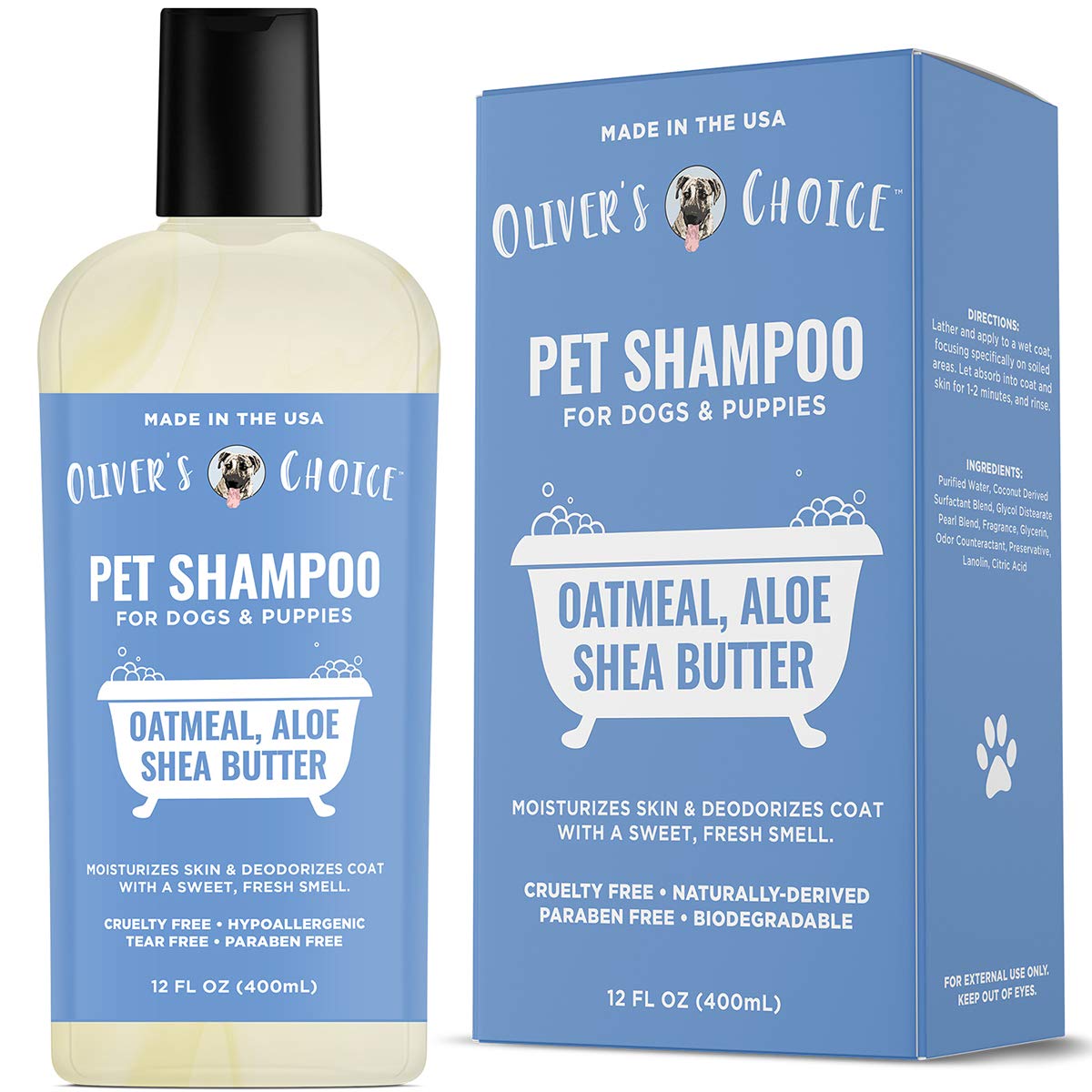 OLIVER'S CHOICE Dog Shampoo with Oatmeal, Aloe & Shea Butter – Deodorizing Puppy Shampoo for Smelly Dogs, Itchy Skin Relief, Paraben-Free, Biodegradable, Cruelty Free – 12 fl. oz