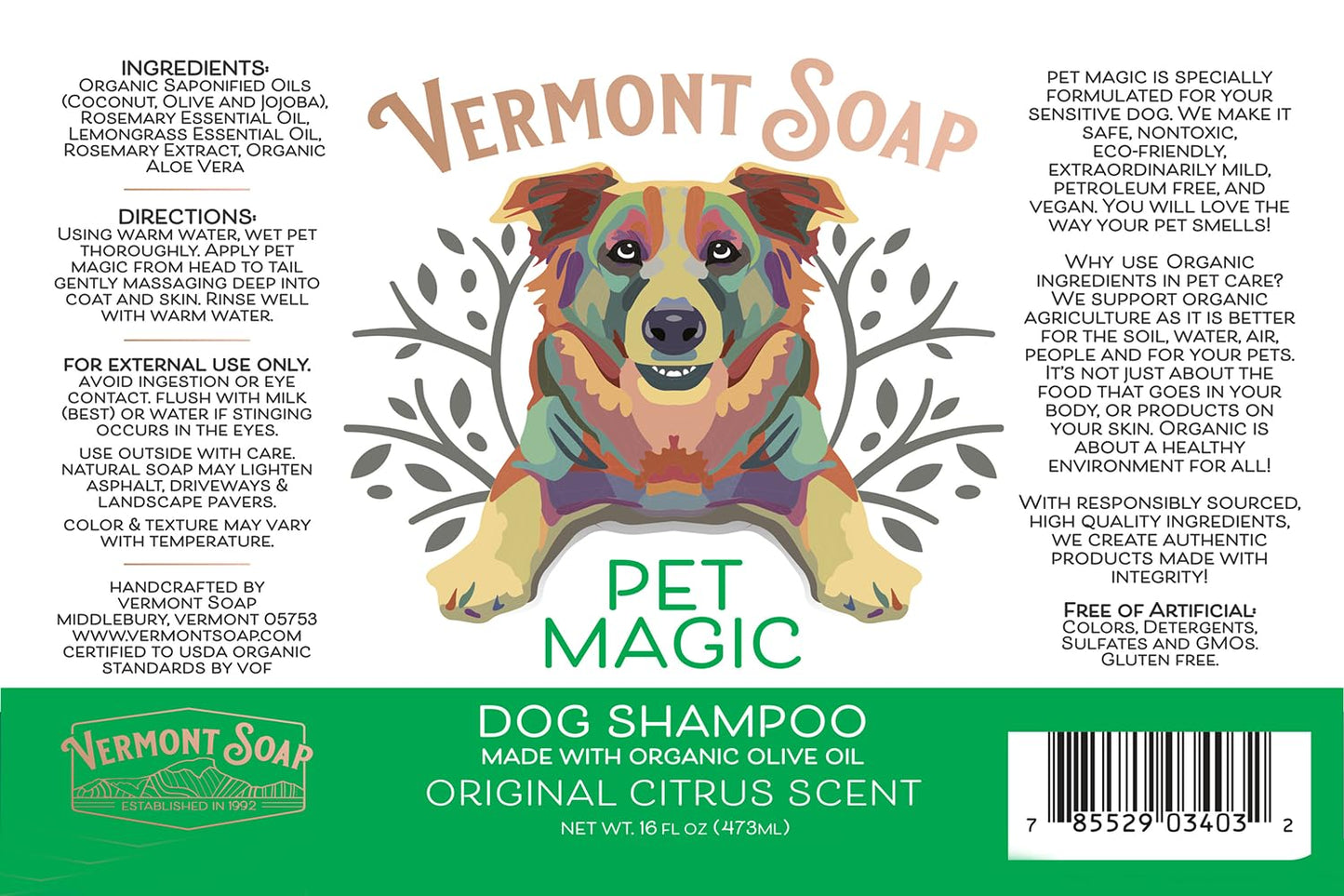 Vermont SOAP Organics Pet Shampoo - Infused with Organic & Natural Olive Oil, Coconut & Aloe Vera Dog Shampoo for Sensitive Skin - USDA Certified Grooming Pet Shampoo - Original Citrus (16oz)