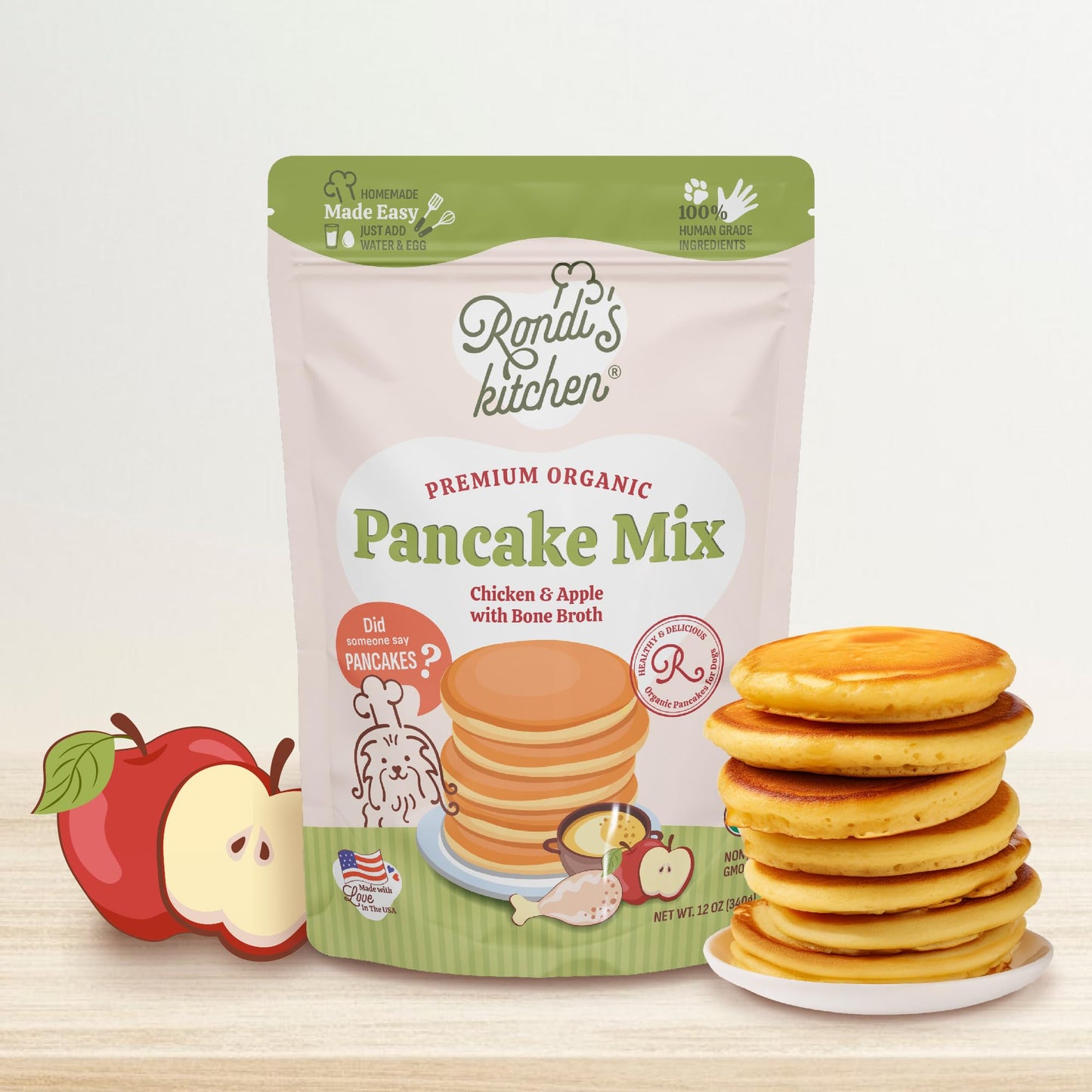 Rondi's Kitchen Pancake Mix for Dogs - Premium All-Natural & Organic Dog Treats, Healthy Dog Snacks for All Ages & Sizes, Made with Human-Grade Ingredients - Chicken & Apple