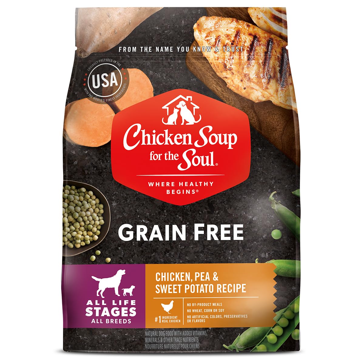 Chicken Soup for the Soul All Natural Premium Grain-Free All Life Stage Dry Dog Food, Real Meat First Ingredient, No By-Products, Added Taurine Supports Heart Health, Chicken, Pea & Sweet Potato, 22lb