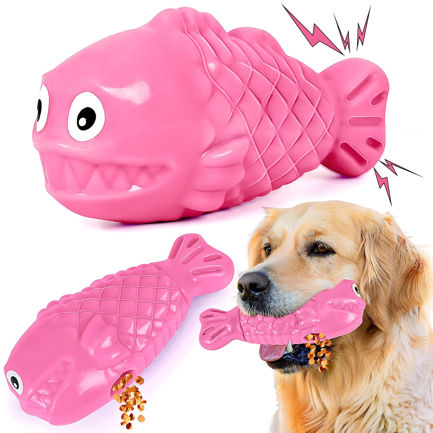 TonyEst Durable Dog Toys to Keep Them Busy - Tough Treat Dispensing Chew Toy with Bacon Flavor & Squeaker for Aggressive Chewers, Interactive Mental Stimulation for Large Breeds (Pink)