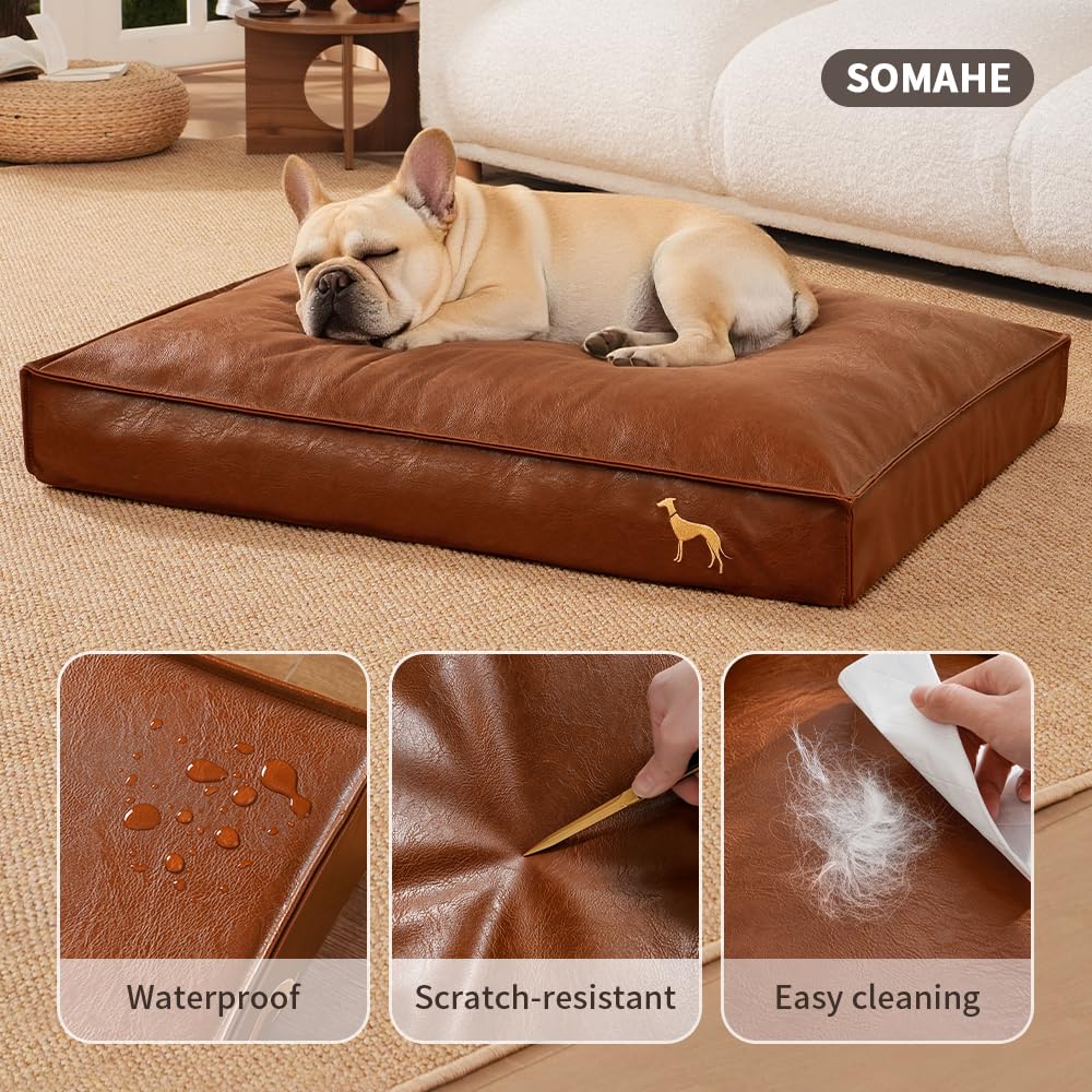 SOMAHE Dog Bed Medium Size Dog Orthopedic Beds for Small Dogs with Removable Washable PU Leather Cover Waterproof Brown 27.5×19.6×4inch