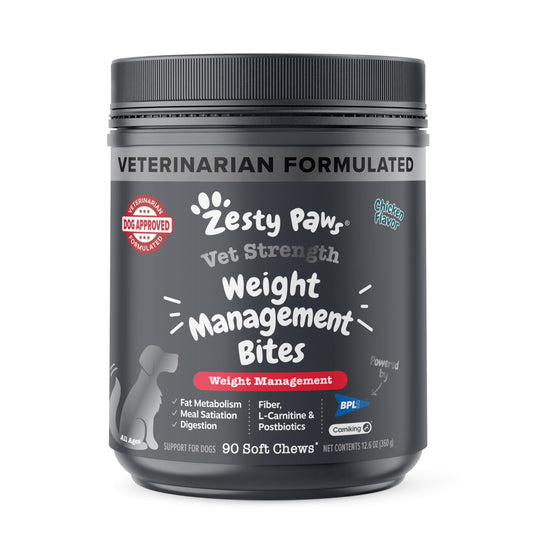 Zesty Paws Weight Management Bites for Dogs - Veterinarian Formulated - Metabolism & Appetite Control - L-Carnitine, Fiber, Postbiotics & B Vitamins - Healthy Weight Dog Supplement - 90 Count