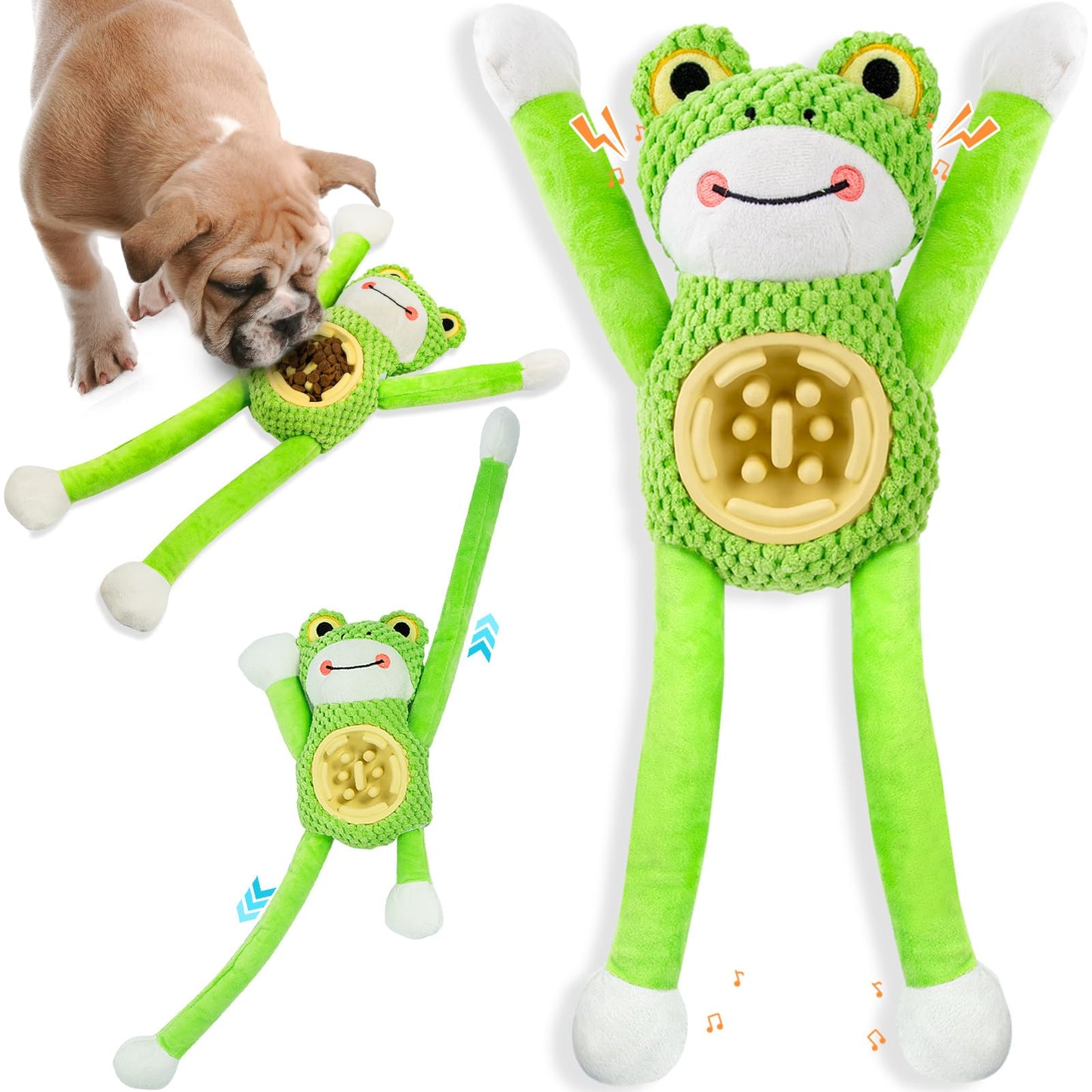 Squeaky Dog Toys - Interactive Frog Plush Dog Toy with Slow Feeder & Tug of War Game, Mental Stimulation Fluffy Stuffed Puppy Toys for Small, Medium, Large Breeds, Durable