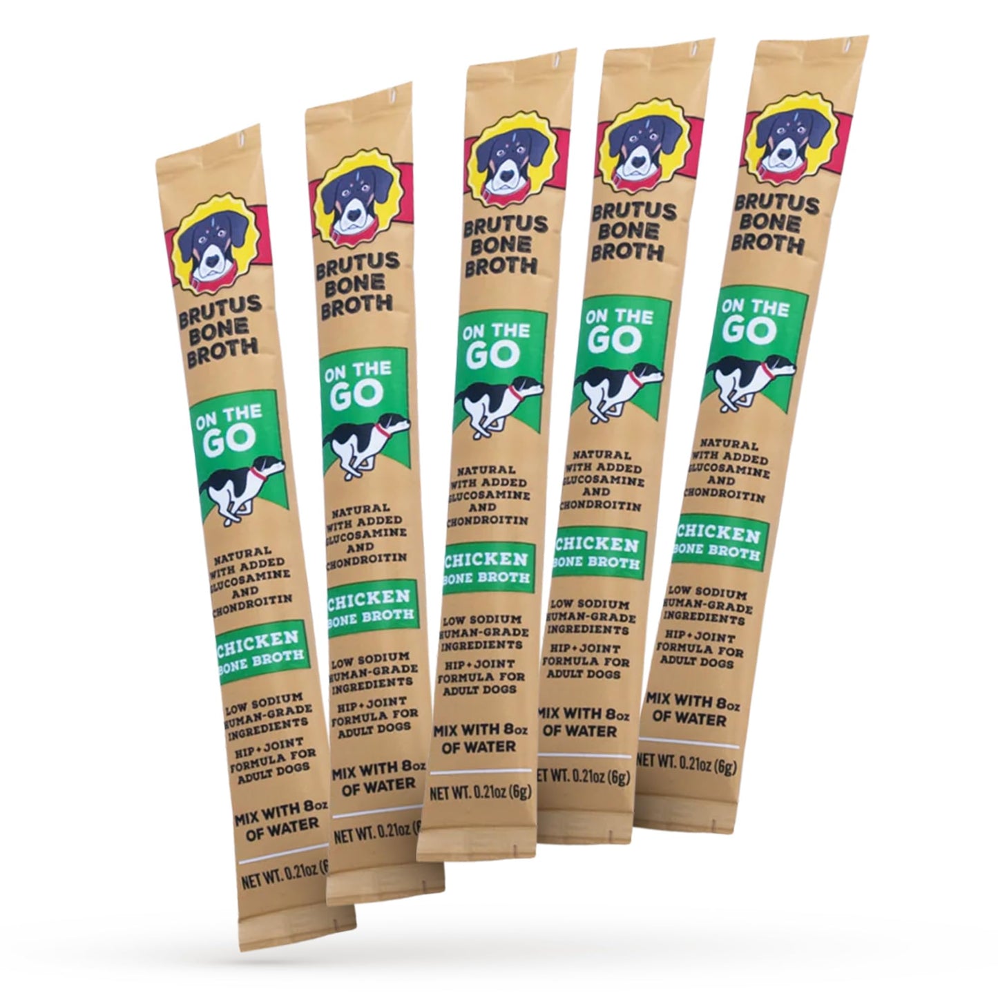 Brutus Bone Broth for Dogs - Bone Broth Powder with Chondroitin Glucosamine & Turmeric - Human Grade Food Toppers for Dry Food & Picky Eaters - 5 Stick (Chicken)