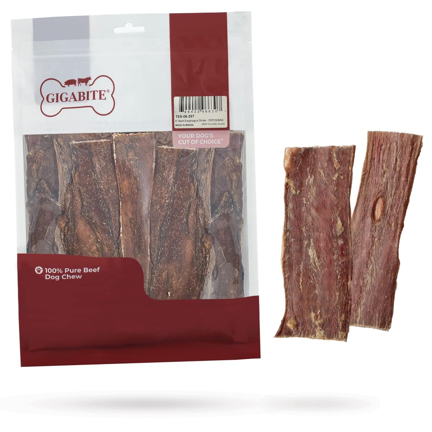 GigaBite 6 Inch Beef Gullet Jerky Strips (25 Pack) - All Natural, Free Range Beef Esophagus Taffy Dog Treat by Best Pet Supplies