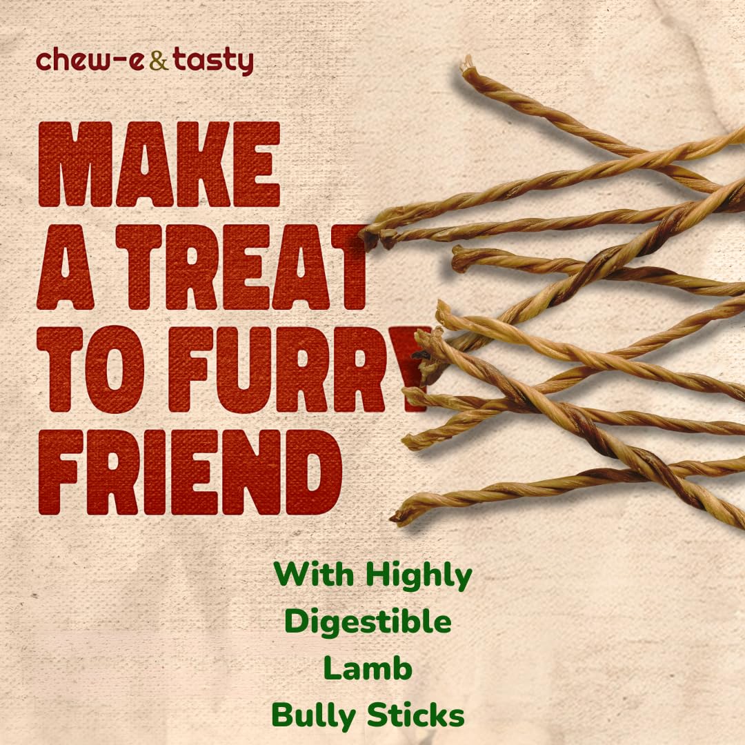 chew-e&tasty Lamb Bully Sticks Twists for Dogs (5 Sticks) | Natural Healthy Chew for Medium and Small Dogs Protein Treats/Dental Health