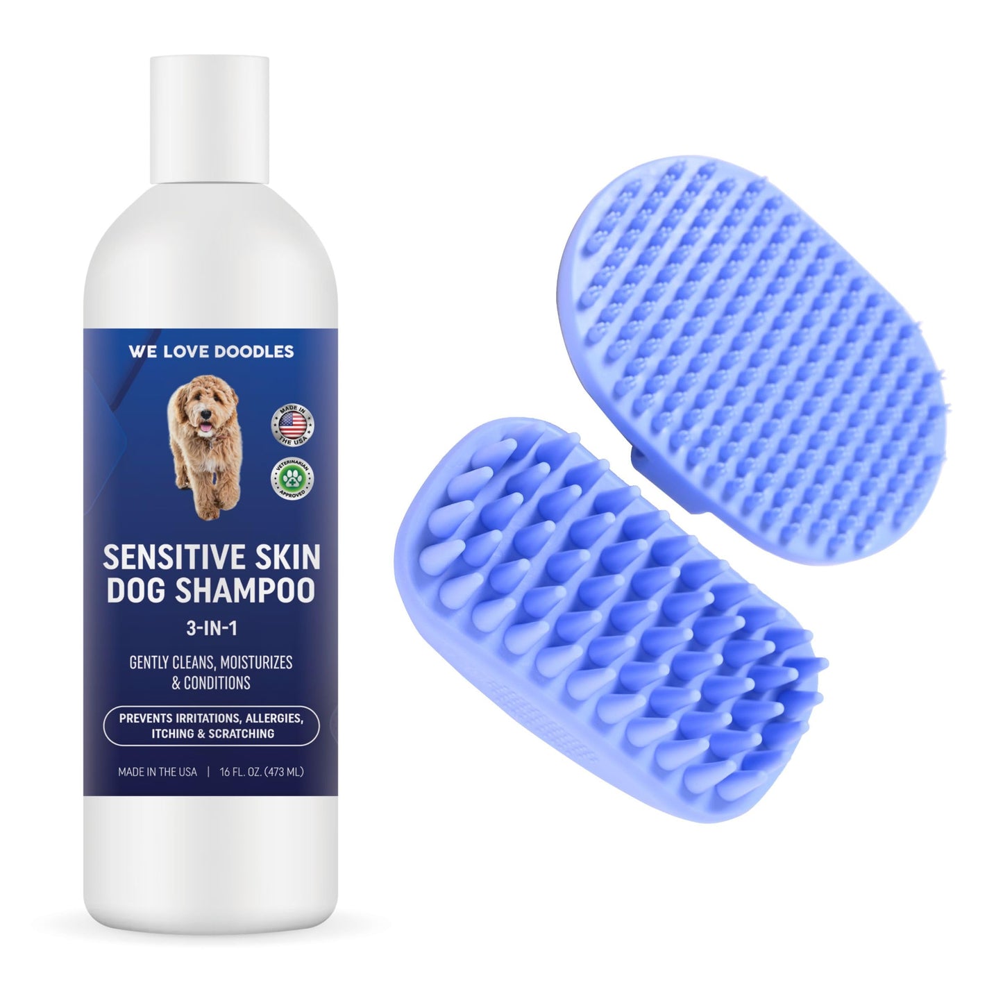 We Love Doodles Premium 3-in-1 Sensitive Skin Dog Shampoo and 2 Pack Bath Brush - for Allergies, Itching, Scratching, Made in USA, Pet Rubber Brush for Shower Scrubbing & Soothing Massage