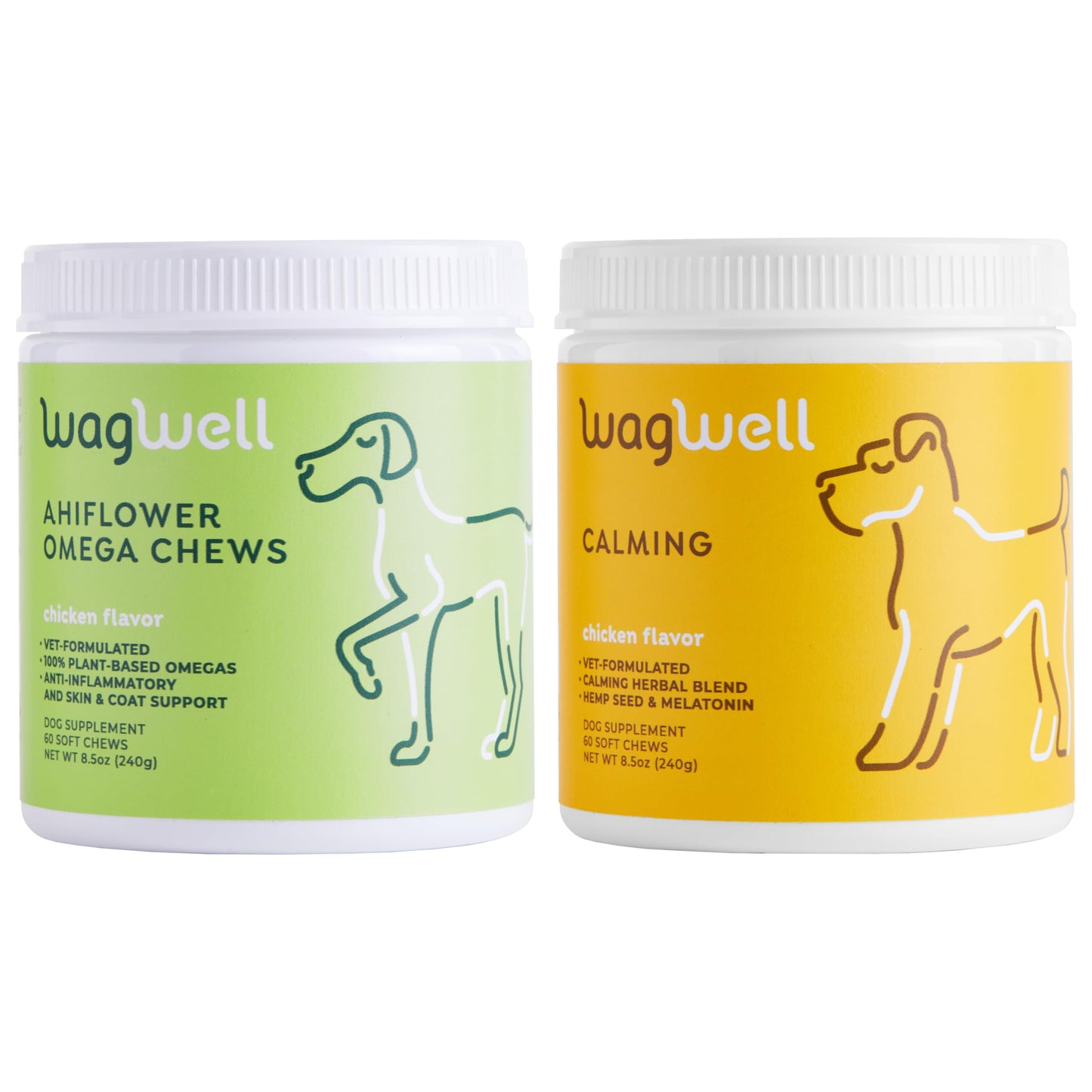 WagWell Ahiflower Omega Oil Dog Chews & Calming Chews Bundle - Skin, Coat, Hip and Joint Supplement for Dogs - Anxiety Relief