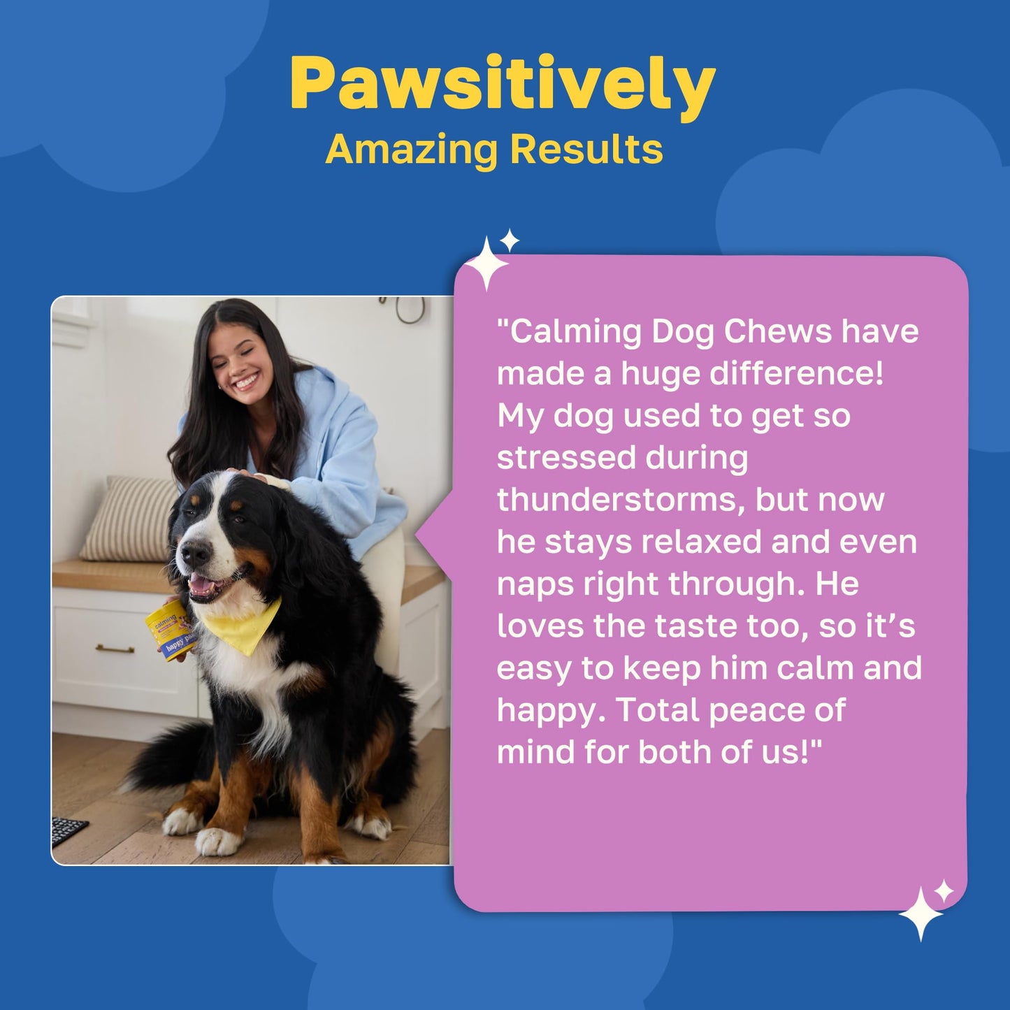 Happy Paws Calming Chews for Dogs, Soft Chews with Chamomile, Passion Flower, Valerian Root, Tryptophan & Theanine, Supports Relaxation, Balanced Behavior & Sleep, Vegan Peanut Butter Flavor 100 Count
