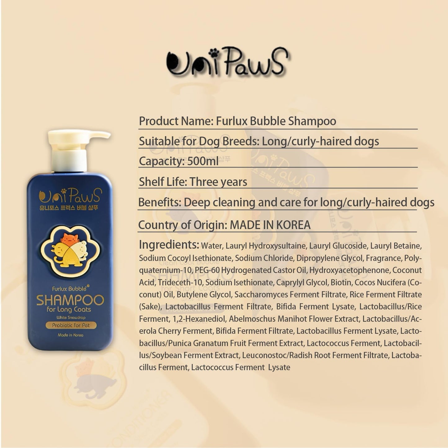 Unipaws Biotin Dog Shampoo for Long-Haired Coats – Deshedding, Detangling & Moisturizing for Silky, Tangle-Free Fur with Probiotics - EWG Green & Light Elegent Scent, Made in Korea, 16.9 Fl Oz / 500ml