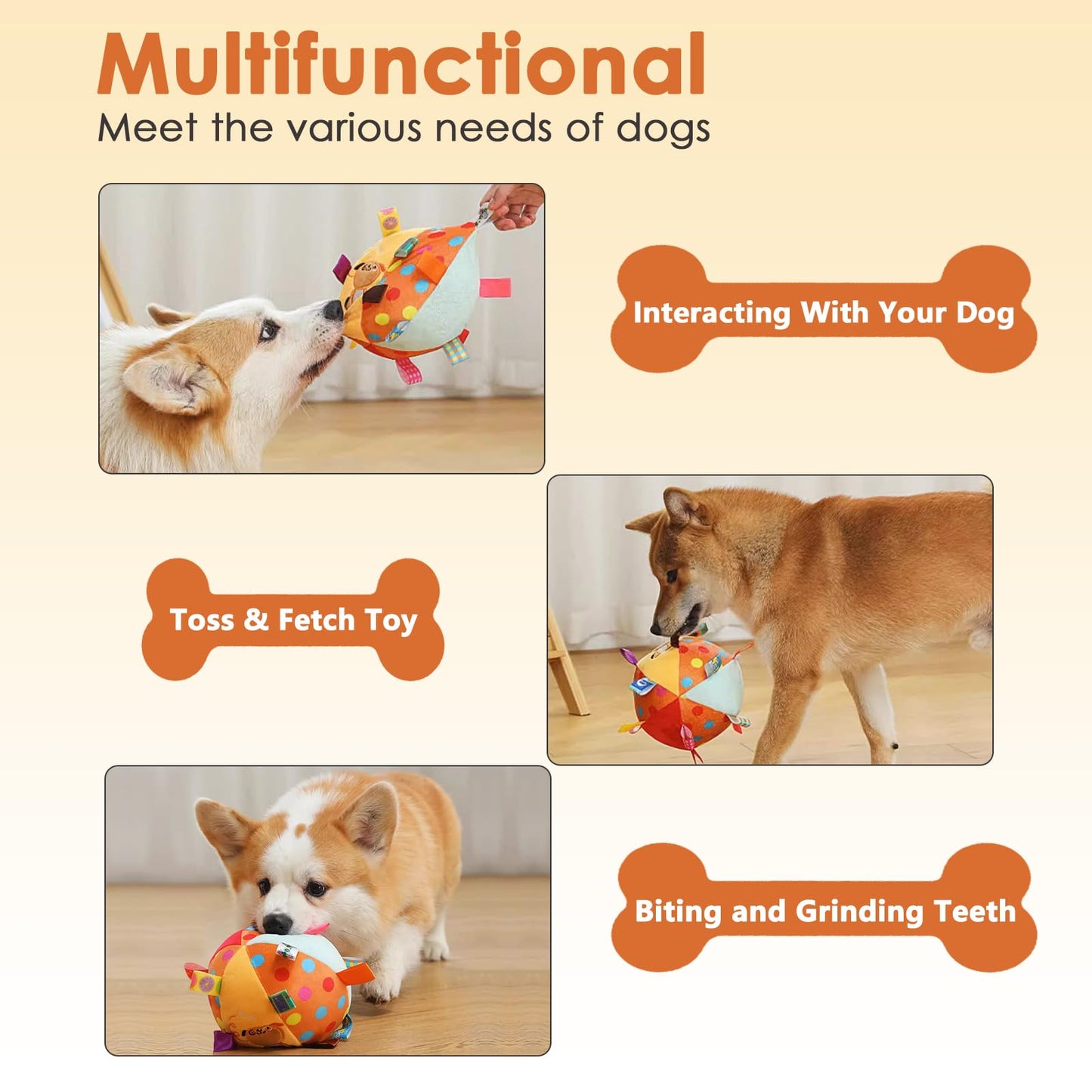 Letalong Dog Squeaky Plush Toy with Straps, 6-Inch Soft Stuffed Ball with Cotton Material and Bell Built-in, Pet Interactive Fetch Toy for Small to Large Dog