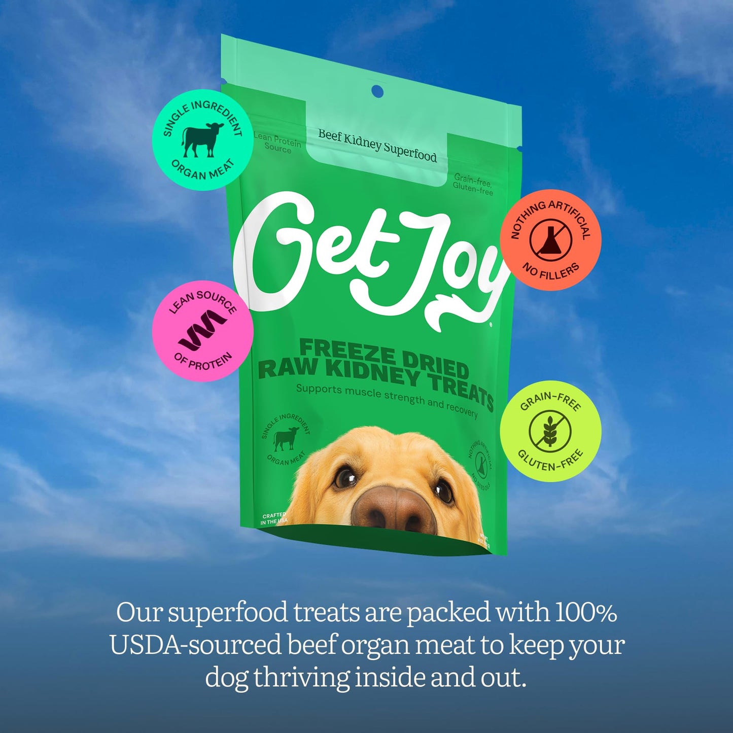 Get Joy Freeze Dried 100% Beef Kidney Dog Treats, 4oz | Single Ingredient Organ Meat, High Protein Raw Dog Food Topper, Snack & Training Rewards | Grain Free, Gluten Free, Filler Free