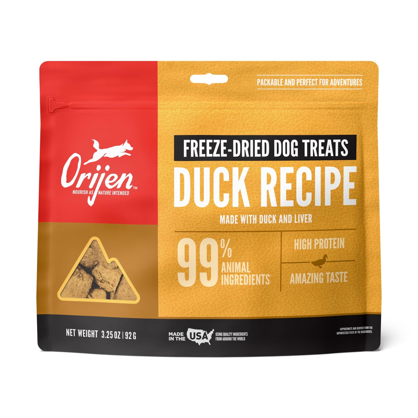 ORIJEN Grain Free High Protein Freeze Dried Dog Treats Free Run Duck Recipe 3.25oz Bag