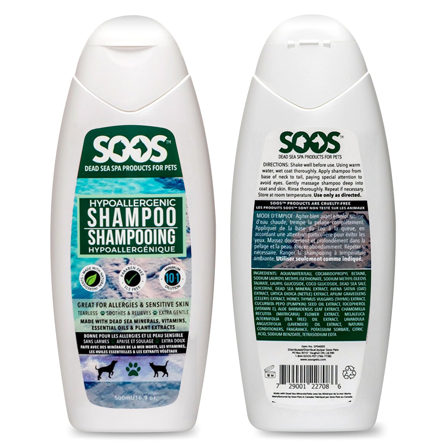 Soos Pet Dog Shampoo for Cats and Pets Hypoaller-genic Natural Dead Sea Minerals Fast Absorbing with Vitamins Essential Oils Natural Elements Antiba-cterial - 1x Pet Shampoo (500ml)