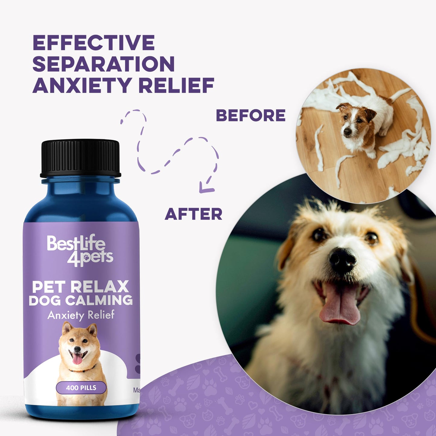 Pet Relax Dog Calming Anxiety Relief, Long-Lasting Dog Relaxants for Stress Relief, Natural Solution for Separation Anxiety, Travel, Thunderstorms, and Fireworks, 400 Odorless, Tasteless Pills