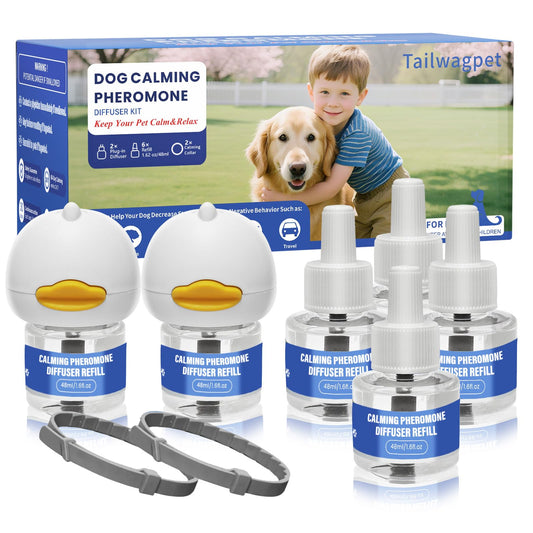 Tailwagpet Dog Calming Diffuser, Relaxing Pheromone for Dogs Relief Stress Reduce Barking Aggression Scratching（2 Diffuser + 6 Refills + 2 Calming Collars）