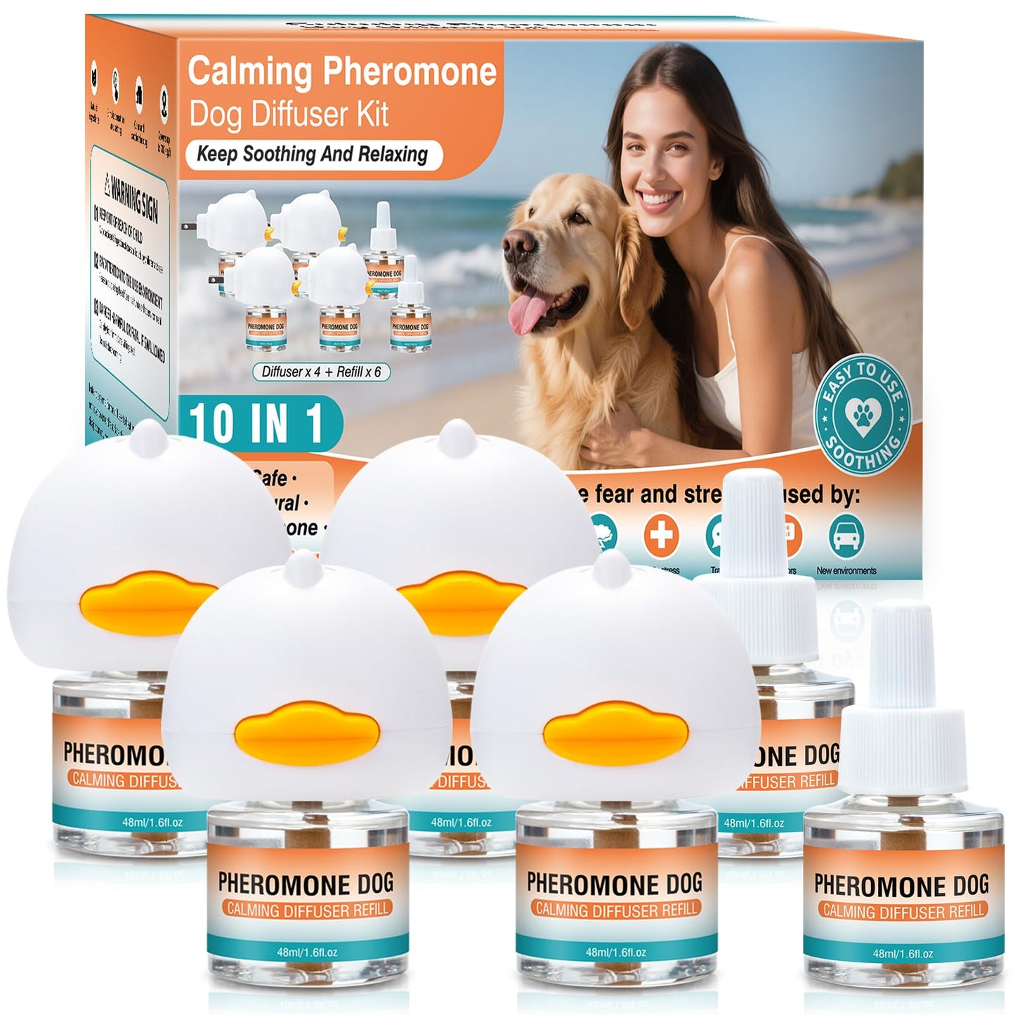 Dog Calming Pheromones Diffuser to Calm Pet 10 In 1 Advanced Kit Appeasing Pheromone Diffuser for Anxiety Relief (4 Plug in+6 Pack 48ml Refill) Reduce Aggression Fighting Barking Stress (Tasteless)