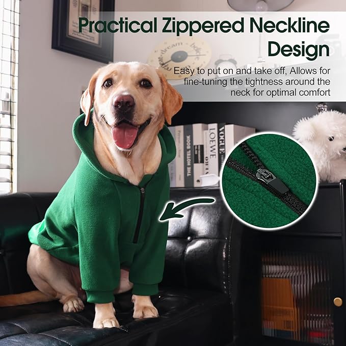 Nanaki Dog Hoodies for Large Dogs Sweatshirt with Pocket-Warm Fleece, Long sleeves adjustable zip collar-Comfort Pet Sweater for Labrador, Large Sweatshirt Winter Coat for Fall Winter Spring Green 2XL