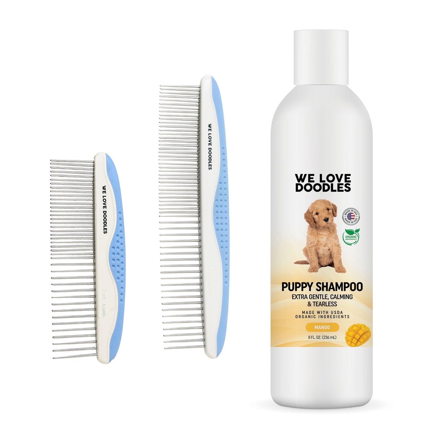 We Love Doodles Puppy Shampoo & Conditioner and Metal Dog Grooming Comb | Oatmeal Bathing | Organic Ingredients | Sensitive & Itchy Skin Wash | Removes Tangles & Matts | Dematting Comb | Made in USA