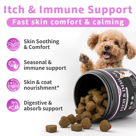 POPPAW Itch Relief for Dogs - Turmeric Supplements for Itching Skin Comfort & Coat Health & Seasonal Allergy Care, Immune Support Supplement with Omega-3 Fish Oil, Biotin - Chicken Flavor - 90 Count