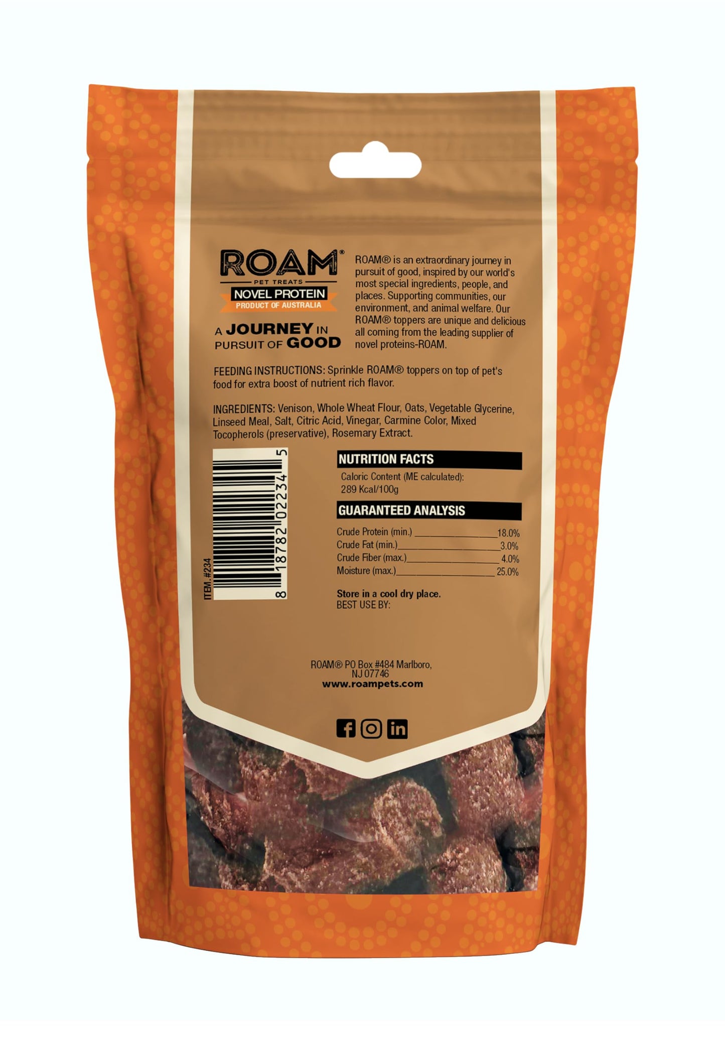 ROAM Pet Treats Bucky Exotic Dog Topper, Venison Dog Treats - Single Protein, Sustainably Raised Venison Meat Dog Food Topper - Non-GMO, 4 Ounce