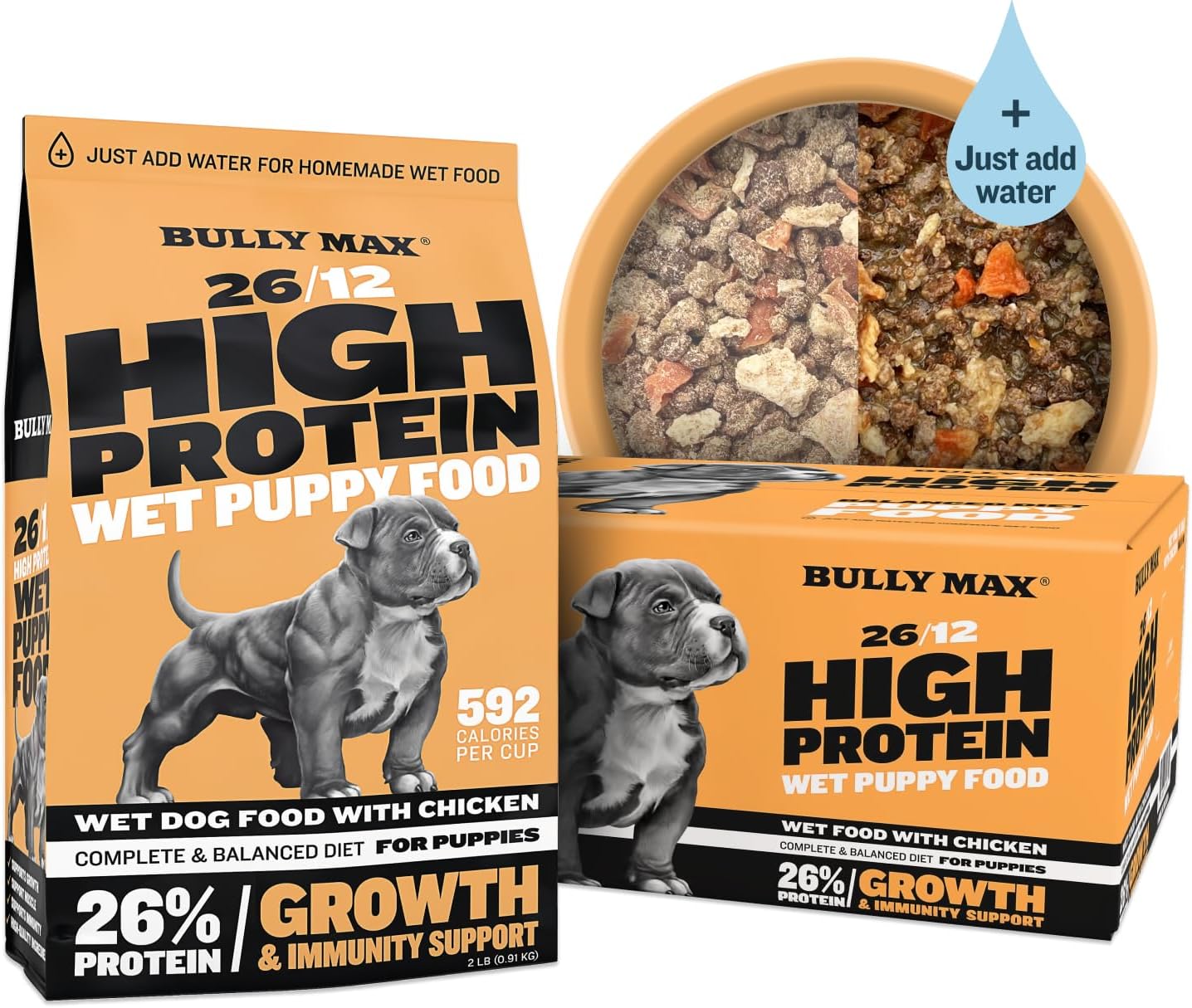 Bully Max Wet Puppy Food - Instant Fresh Dehydrated High Protein Soft Dog Food with Chicken - Healthy Growth for Small & Large Breed - 20 Dry Dog Food Pounds (Makes 55 lbs. Wet Food, 10 Pouches)
