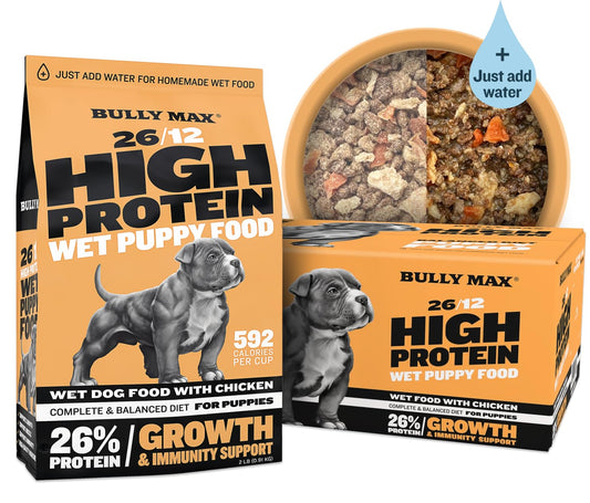 Bully Max Wet Puppy Food - Instant Fresh Dehydrated High Protein Soft Dog Food with Chicken - Healthy Growth for Small & Large Breed - 20 Dry Dog Food Pounds (Makes 55 lbs. Wet Food, 10 Pouches)