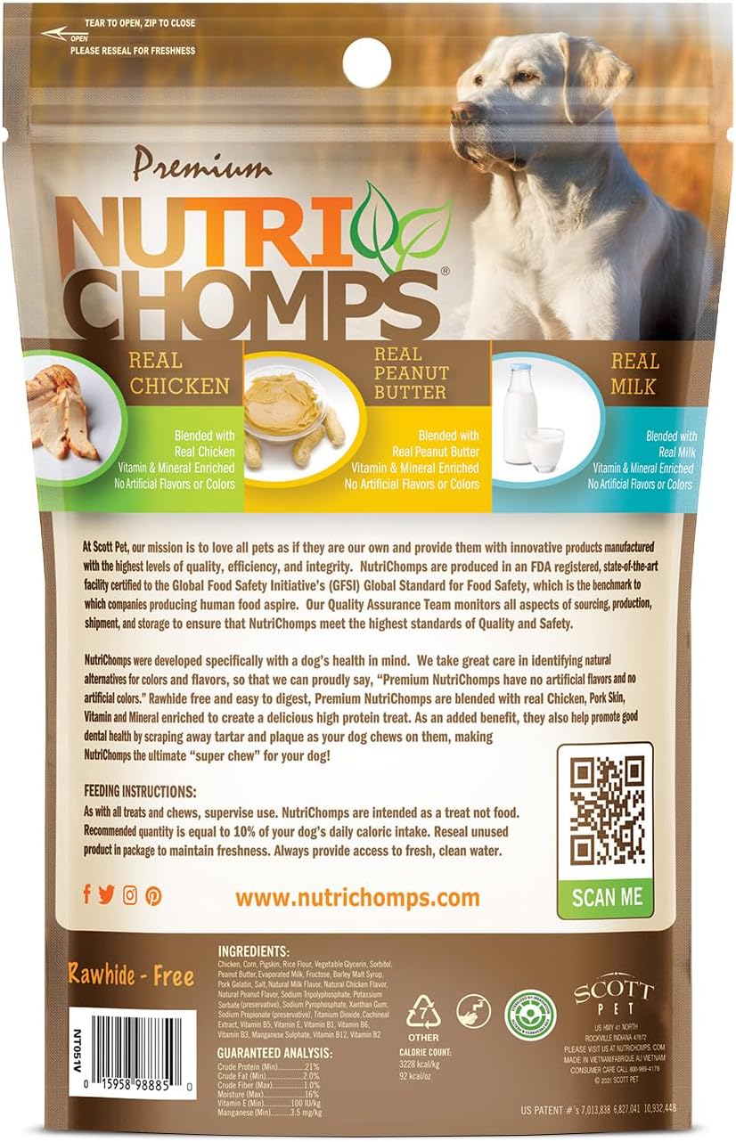 Nutri Chomps Dog Chews, 5-inch Twists, Easy to Digest, Rawhide-Free Dog Treats, 15 Count, Real Chicken, Peanut Butter and Milk flavors