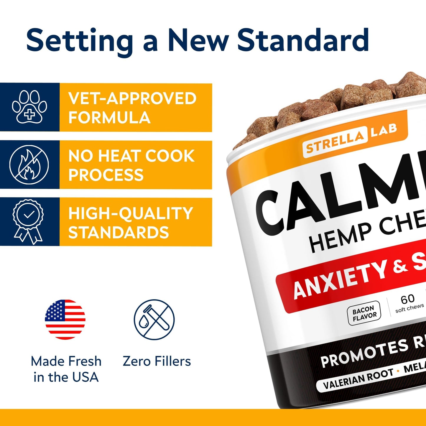 Advanced Calming Chews for Dogs - Hemp Chews and Melatonin - Anxiety Relief - Sleep Aid - Relaxing Treats - Stress Relief During Fireworks, Storms, Thunder, Barking - Made in USA - Bacon - 60ct