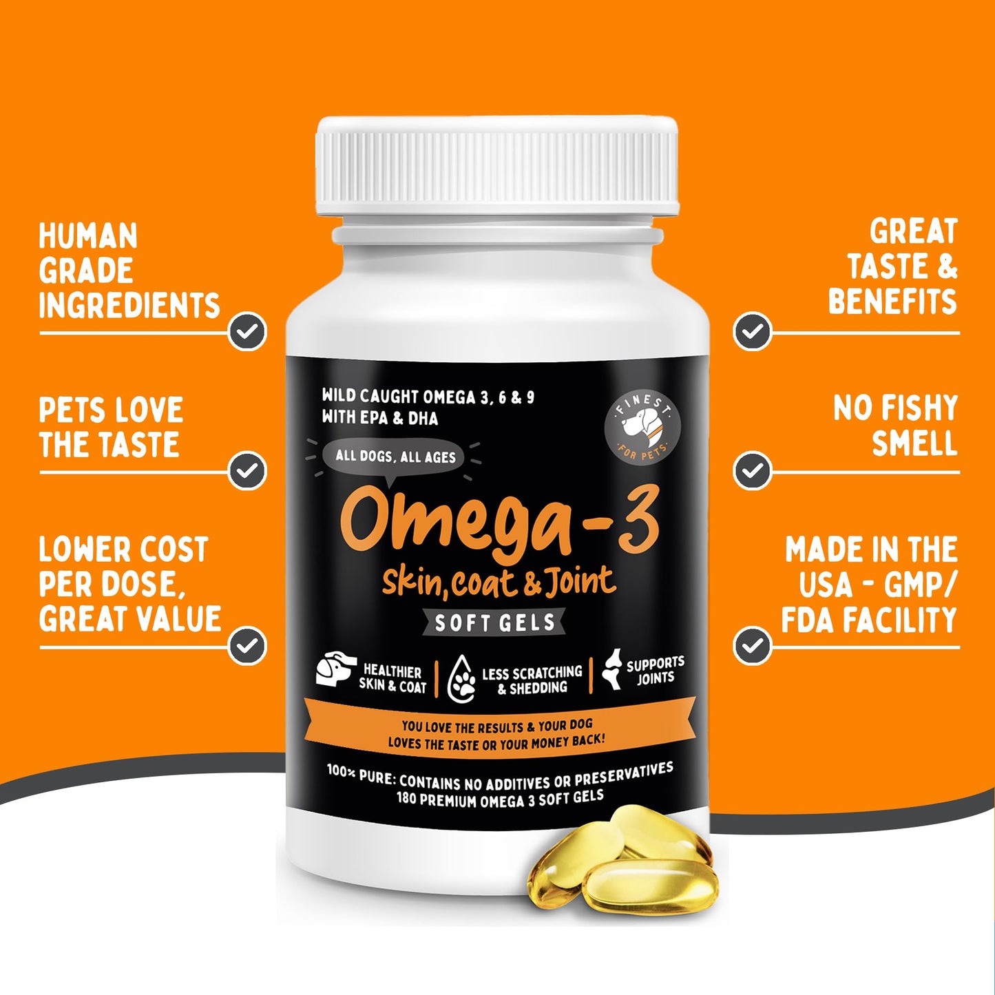 Omega 3 Fish Oil for Dogs - Finest For Pets Soft Gels for Skin & Coat, Itching, Shedding, Joints & Immune Health - 100% Pure Omega Fish Oil with EPA & DHA. Ideal for Medium to Large Dogs (180 ct)