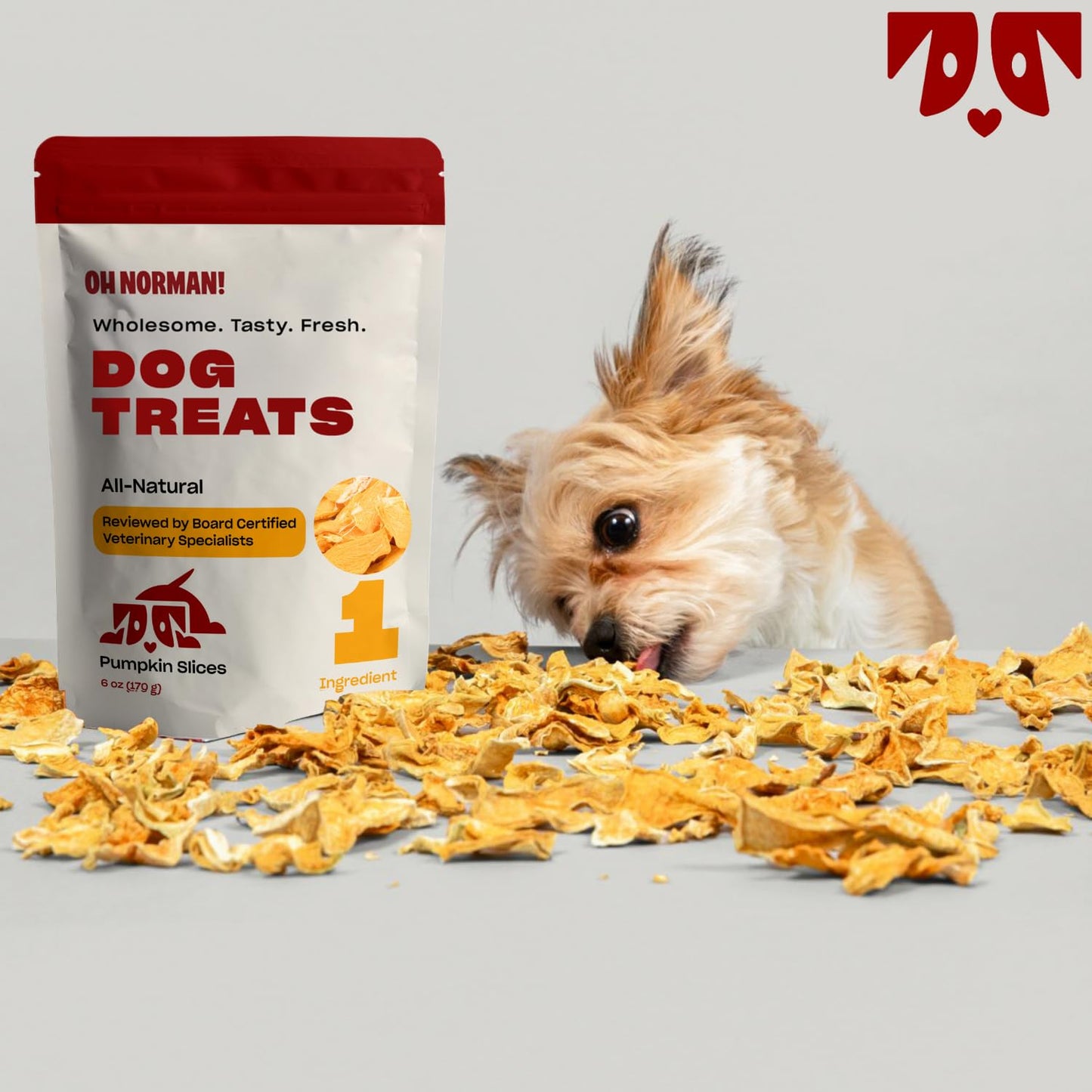 OH NORMAN! Single Ingredient Pumpkin Dog Treats by Kaley Cuoco, Healthy Dog Treats for All Life Stages and Breeds, Air Dried, Ethically Sourced in Canada, 6 Oz
