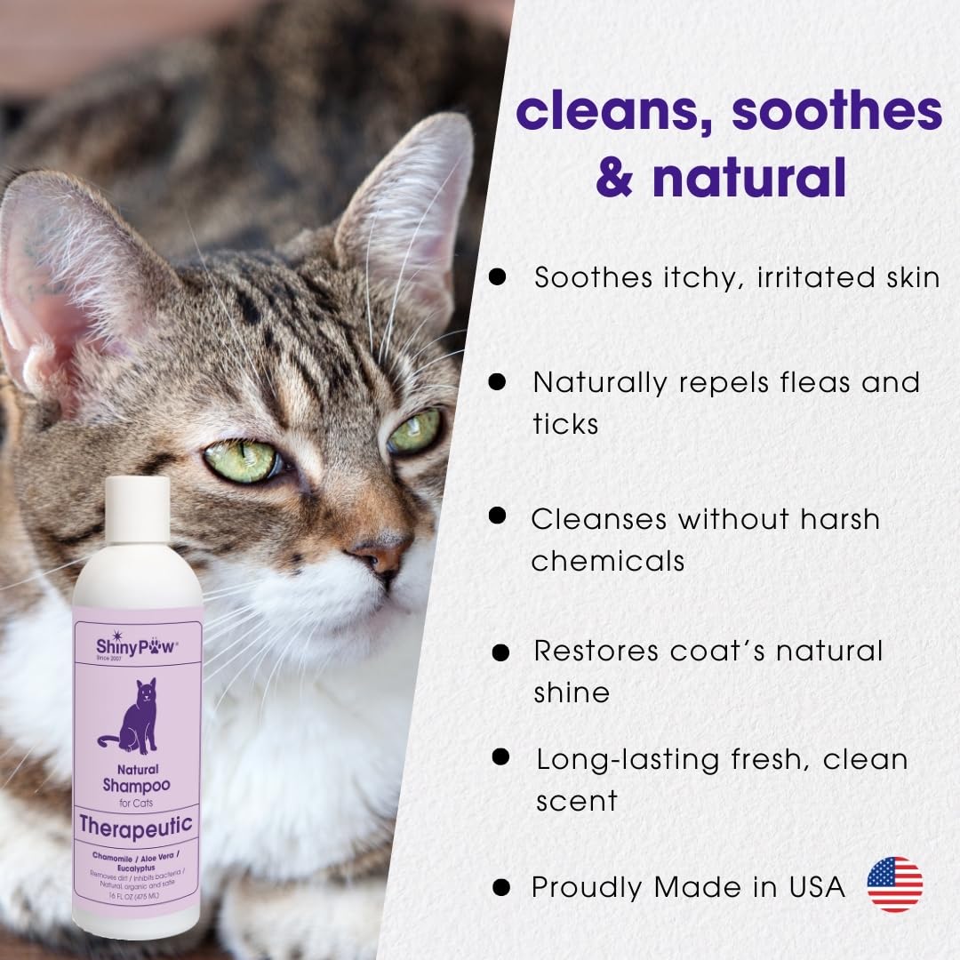 Natural Cat Shampoo for Itchy Skin with Chamomile, Aloe Vera & Eucalyptus by Shiny Paw 16 oz | Hypoallergenic Feline Shampoo for Sensitive Skin Itch Relief | for Adult & Senior Cats | Made in USA