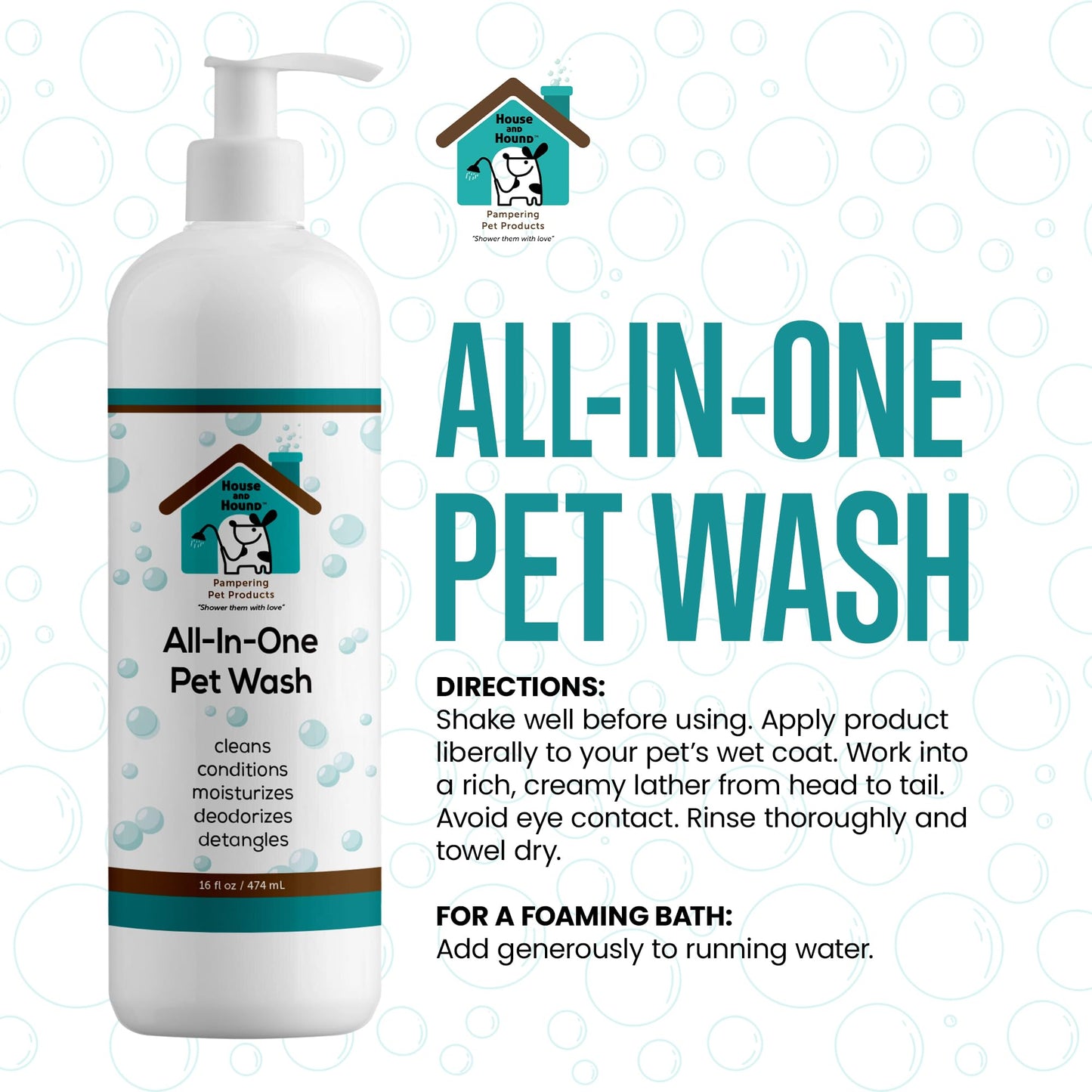 House and Hound All-in-One Pet Wash | Moisturizes, Deodorizes, Detangles – Dog Shampoo and Conditioner for Sensitive Skin – Gentle for All Breeds, Natural Ingredients – 16 oz