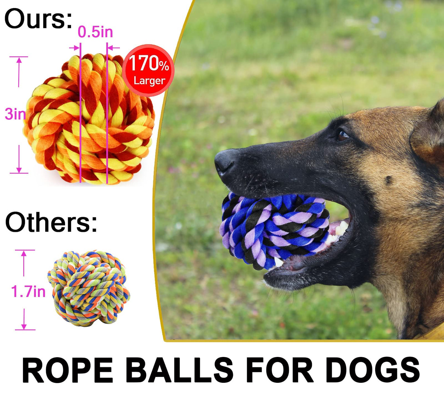 LosFong Large Dog Chew Toys for Aggressive Chewers, 6 Pack Almost Indestructible Dog Balls, Heavy Duty Dental Cotton Rope Toy, Puppy Teething Toys