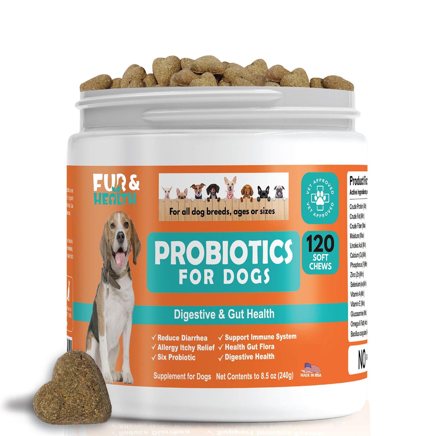 Fur & Health Probiotics for Dogs - Natural Digestive & Allergy Relief Soft Chews with Prebiotics & Enzymes - Dog Yeast Infection Treatment & Immune Support - Chicken Flavor, 120 Chews