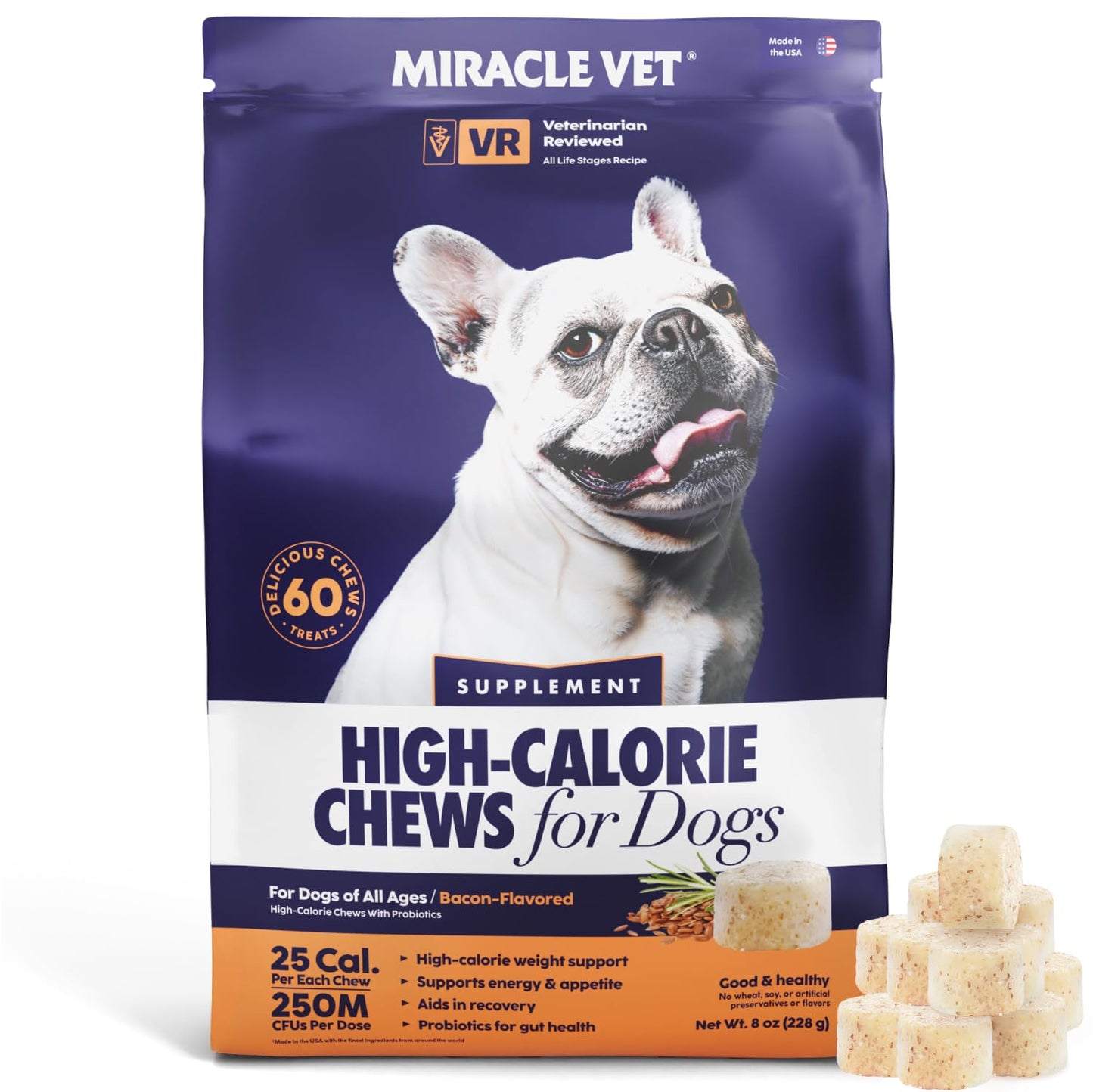 Miracle Vet Dog Weight Gainer Chews for Energy & Mass - High Calorie Dog Food Supplement - Appetite Stimulant & Healthy Weight Gain Supplements for Dogs - 60 Soft Dog Treats for Puppies and Adults