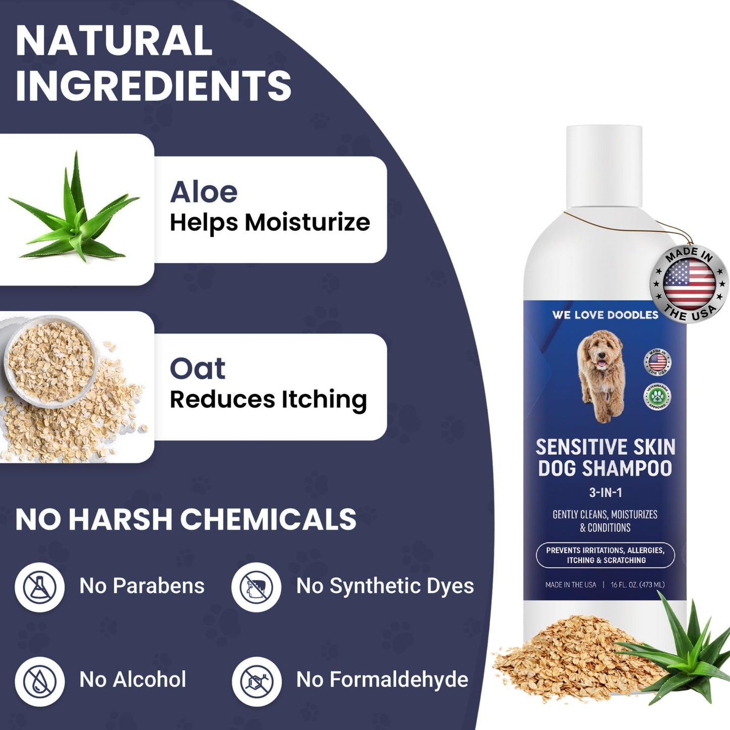 We Love Doodles Bundle Premium 3-in-1 Sensitive Skin Dog Shampoo - for Allergies, Itching, Scratching, Anti-Itch and Pin Brush for Dogs - Pet Grooming Detangler for Shedding and Removing Loose Fur