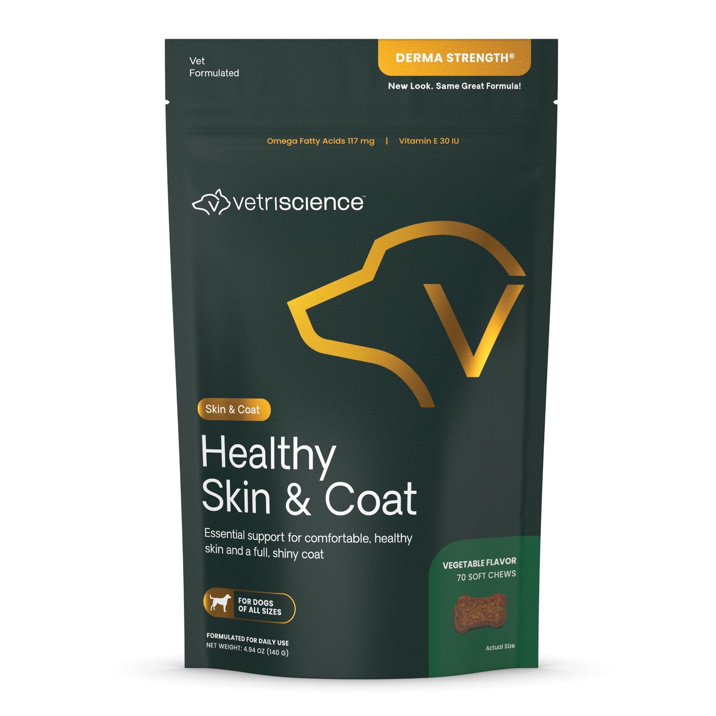 VetriScience Healthy Skin & Coat Chews, Derma Strength Omega-3 Salmon Oil Supplement for Dogs, Omega Skin and Coat Chews, Skin Health, Coat Growth, Fish Oil and Vitamin E, Veggie, 70 Count